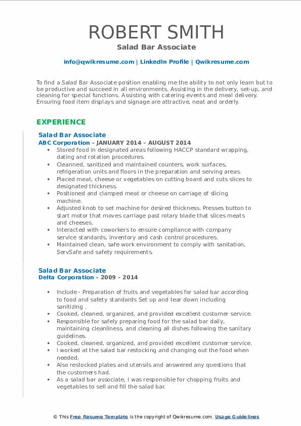 Salad Bar Associate Resume Samples QwikResume