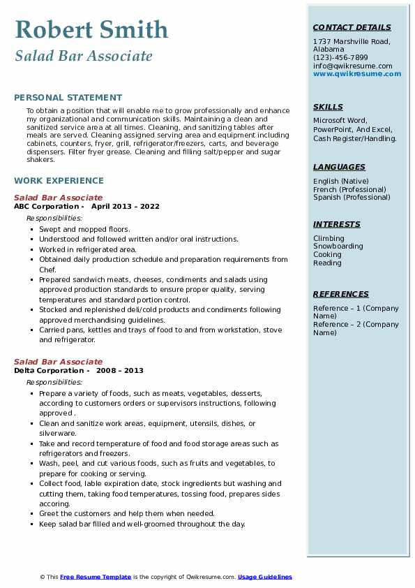 Salad Bar Associate Resume Samples QwikResume