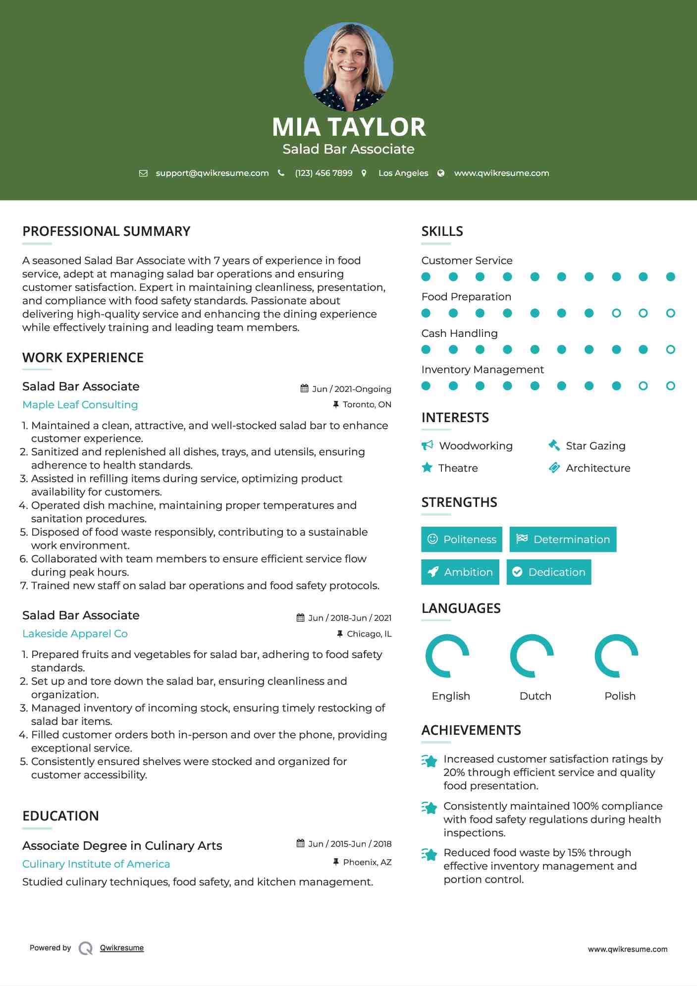 Salad Bar Associate Resume Format