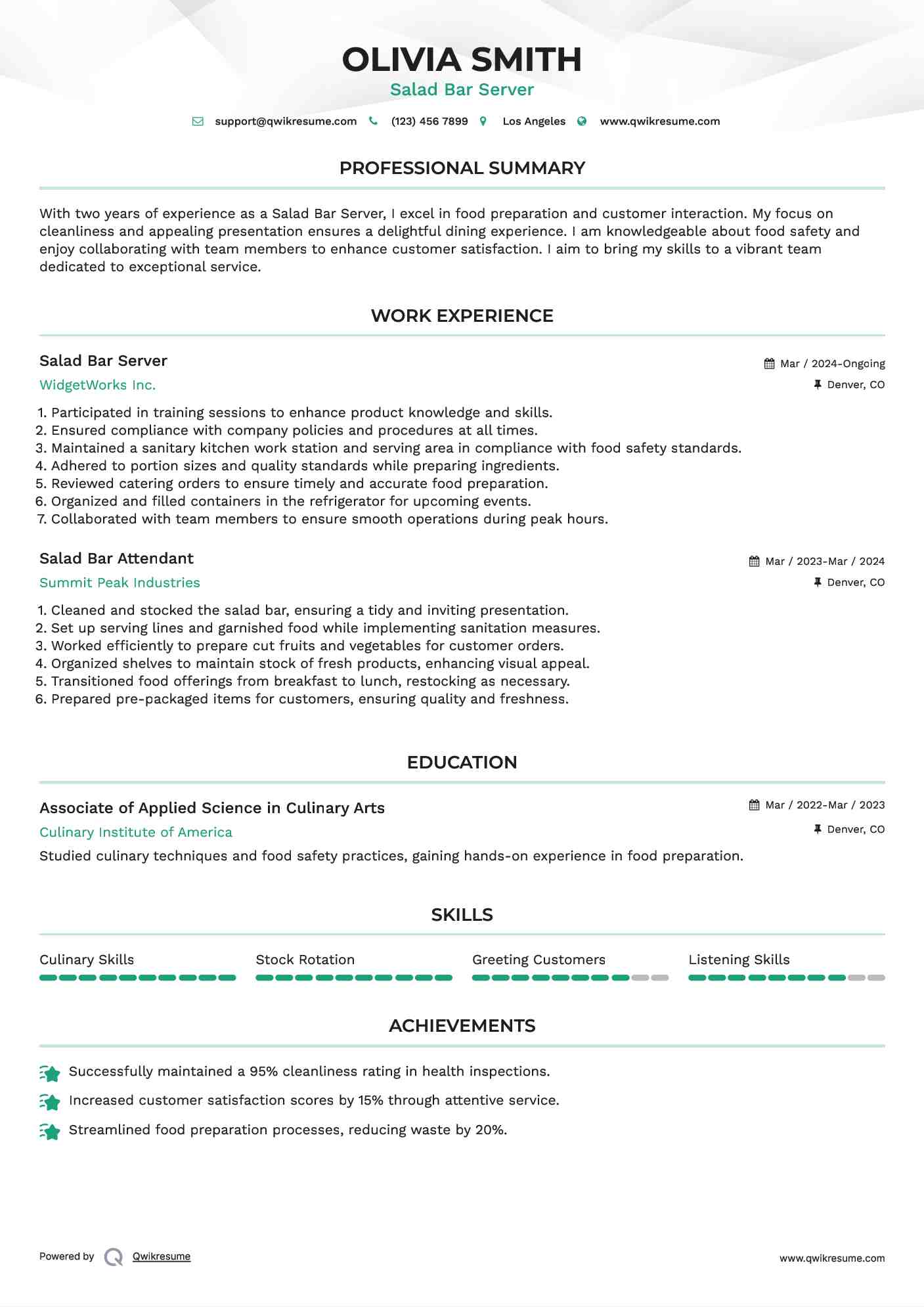 Salad Bar Server Resume Sample