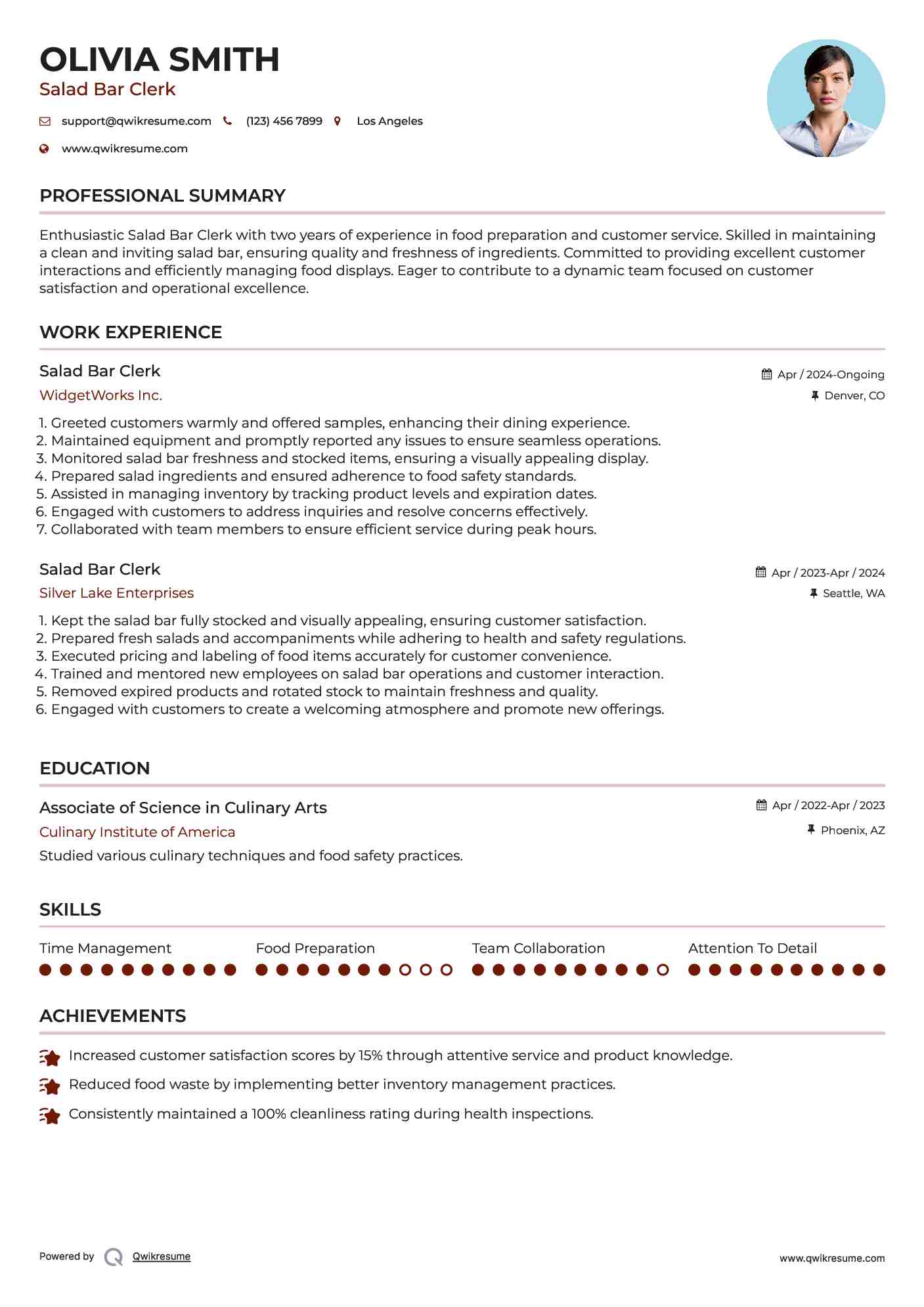 Salad Bar Clerk Resume Model