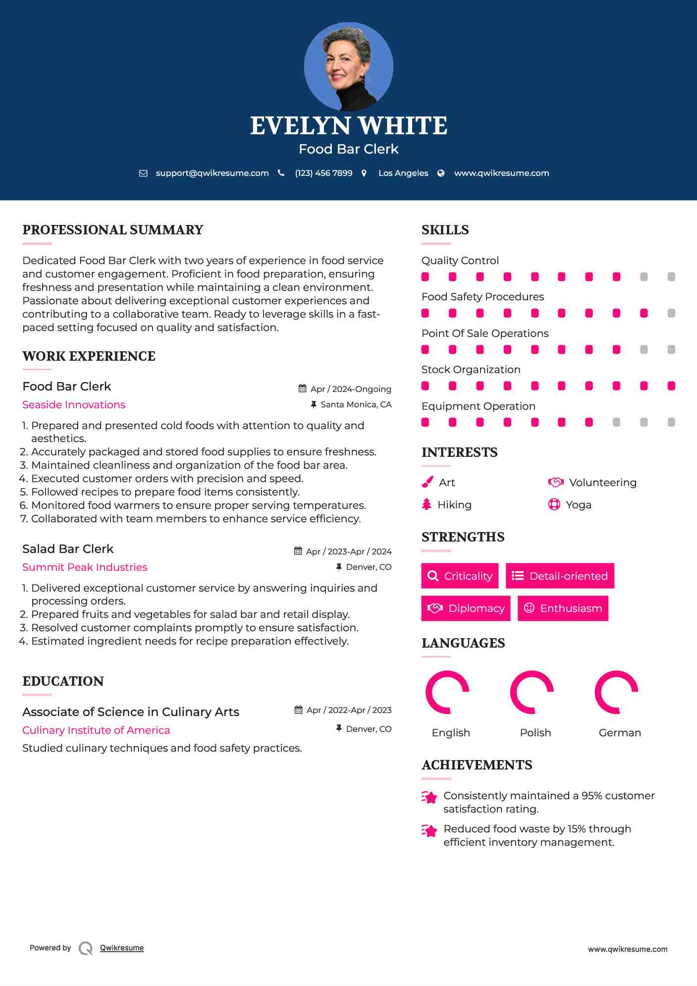 Food Bar Clerk Resume Sample
