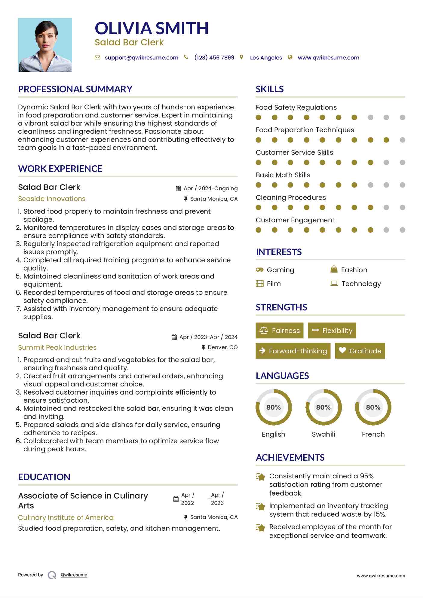 Salad Bar Clerk Resume Template