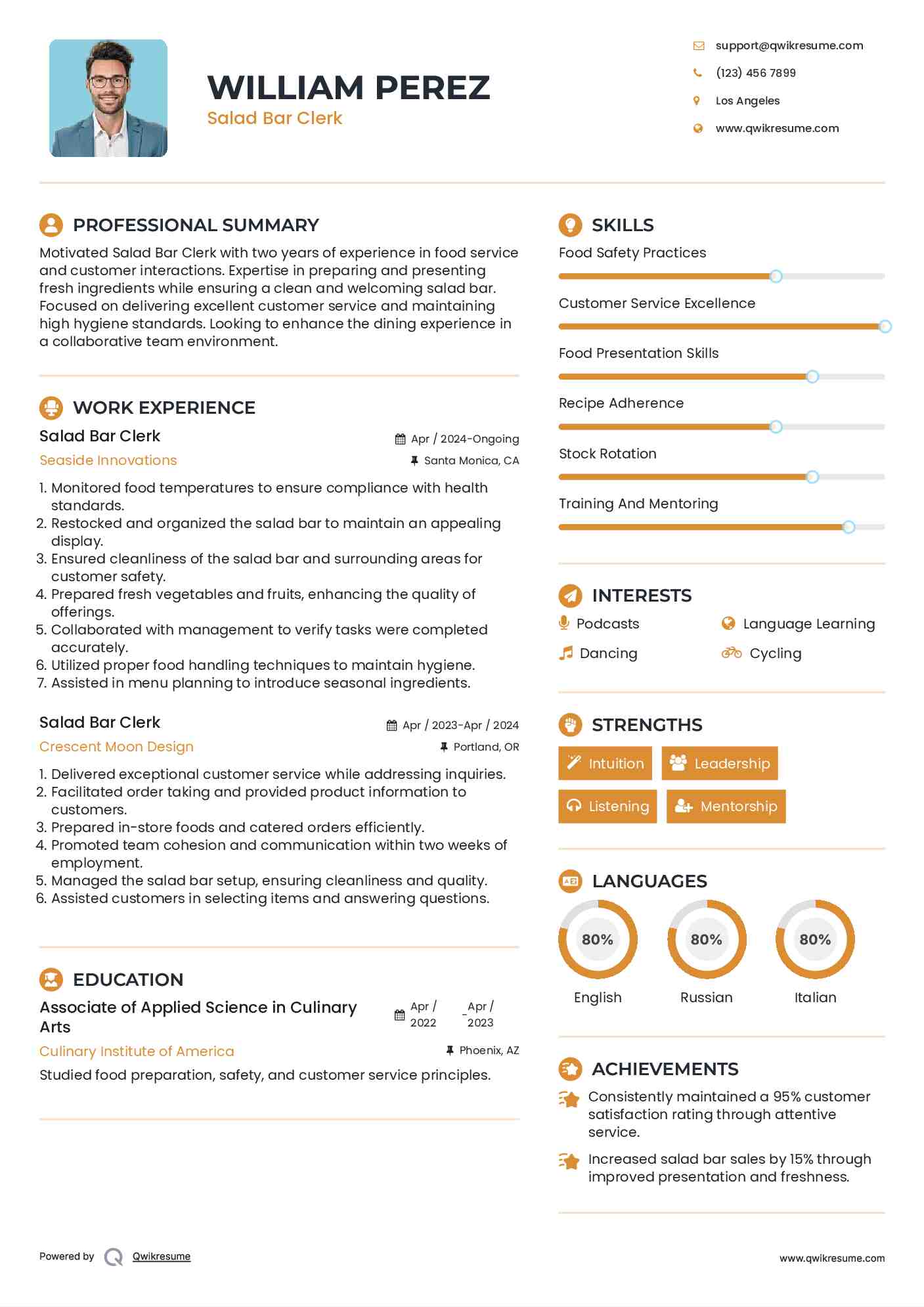 Salad Bar Clerk Resume Template