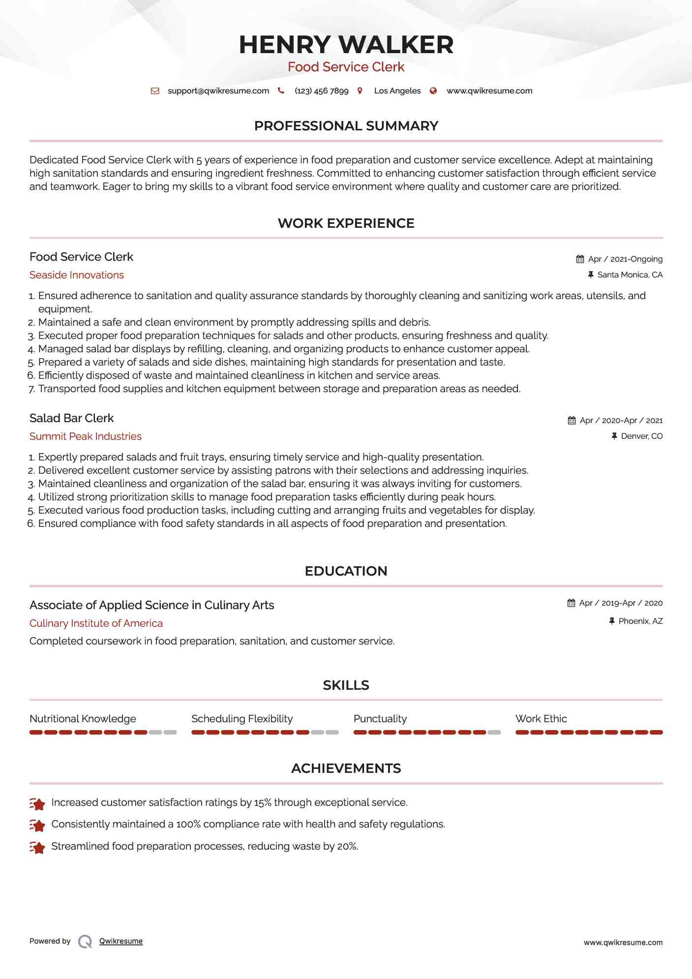 Food Service Clerk Resume Sample