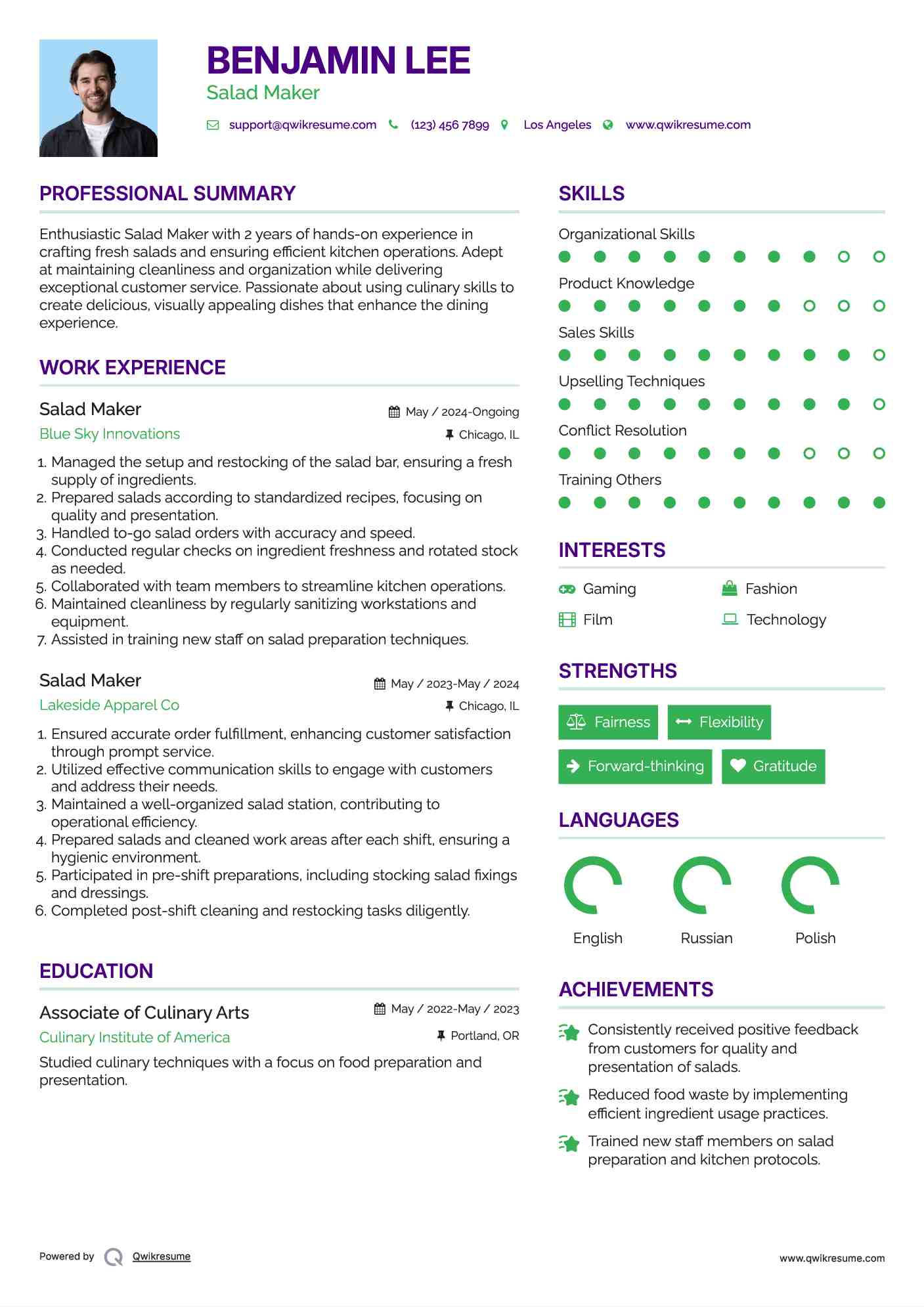 Salad Maker Resume Example