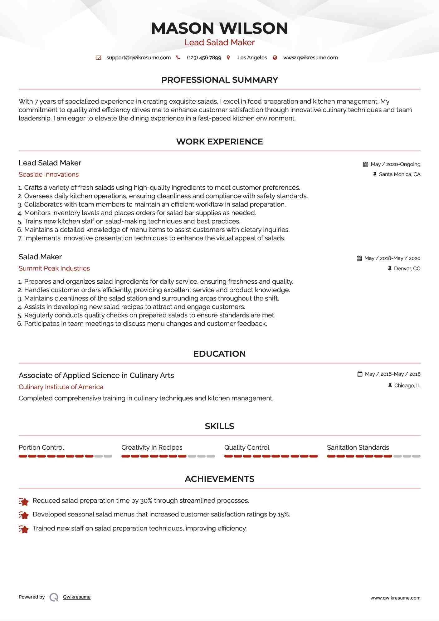 Lead Salad Maker Resume Example