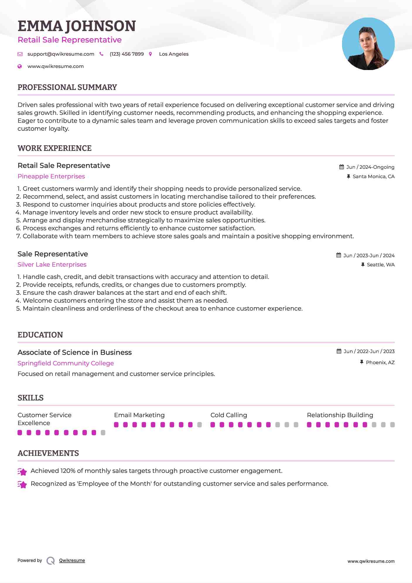 Retail Sale Representative Resume Format