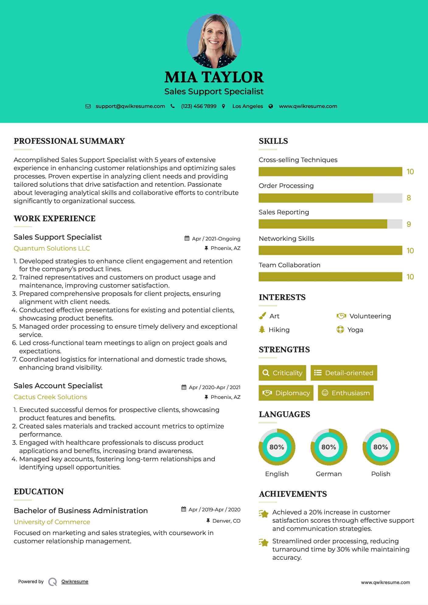 Sales Support Specialist Resume Model