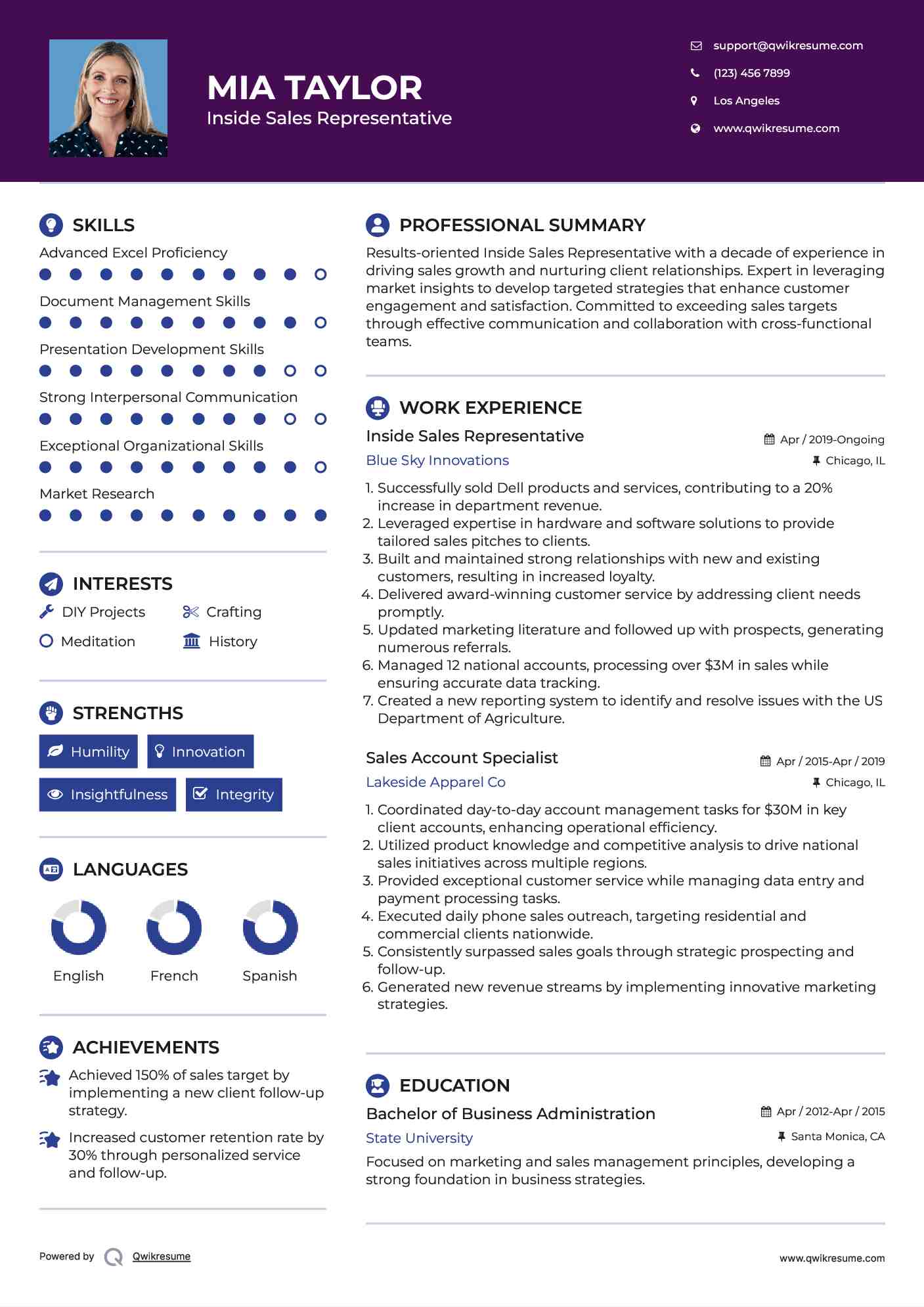 Inside Sales Representative Resume Sample