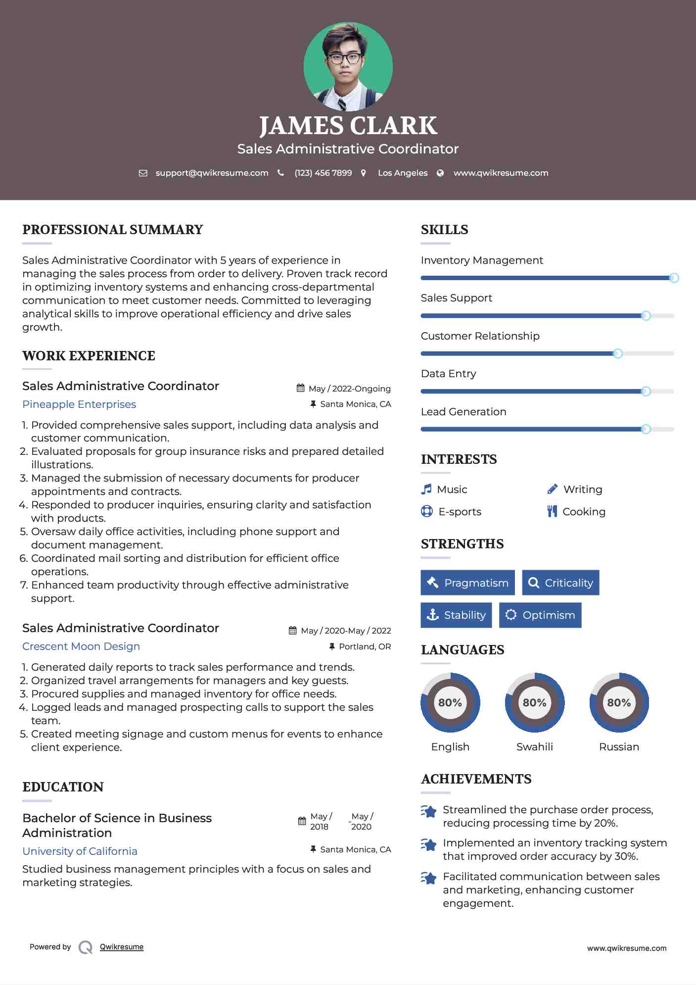 Sales Administrative Coordinator Resume Template