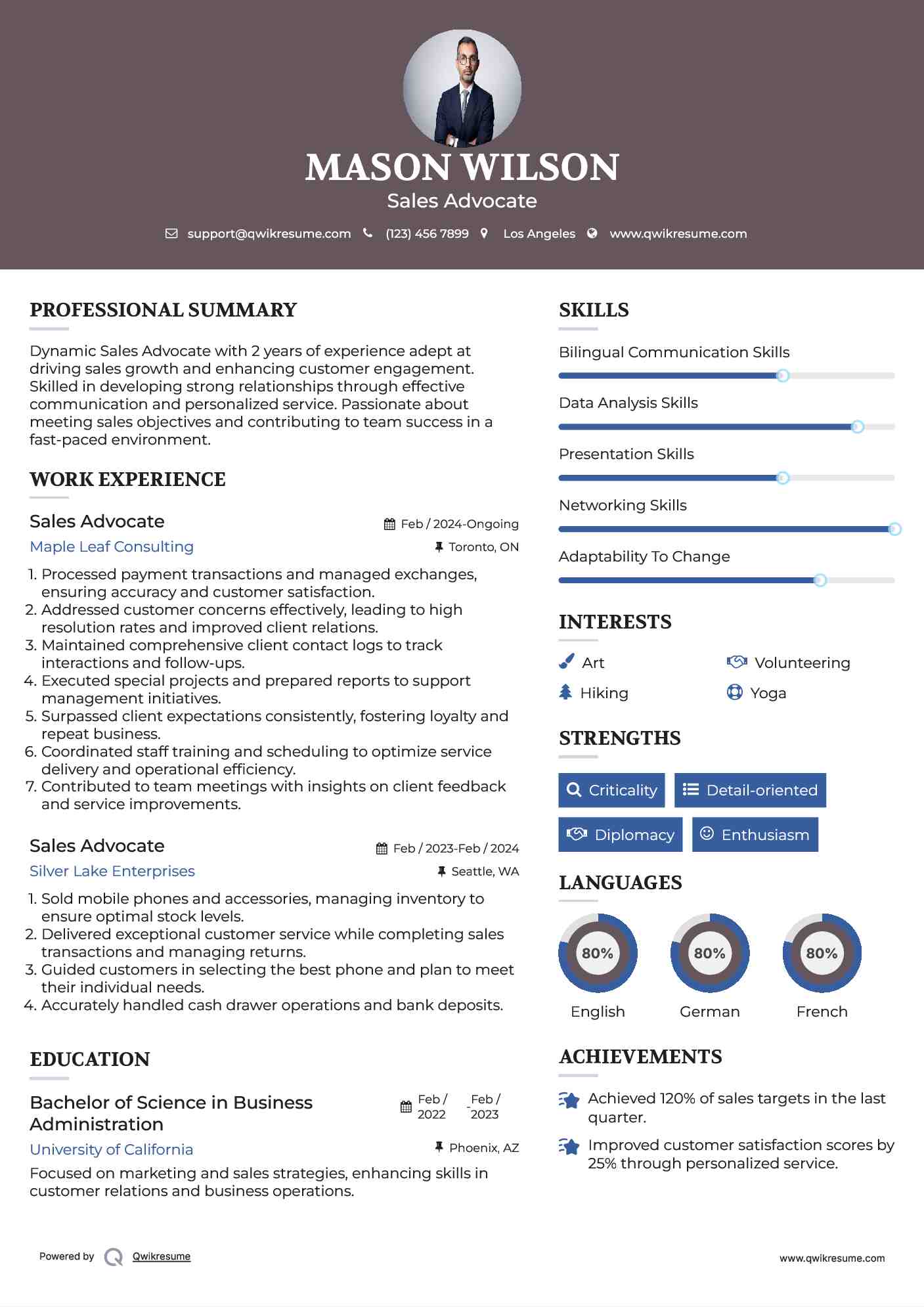Sales Advocate Resume Example