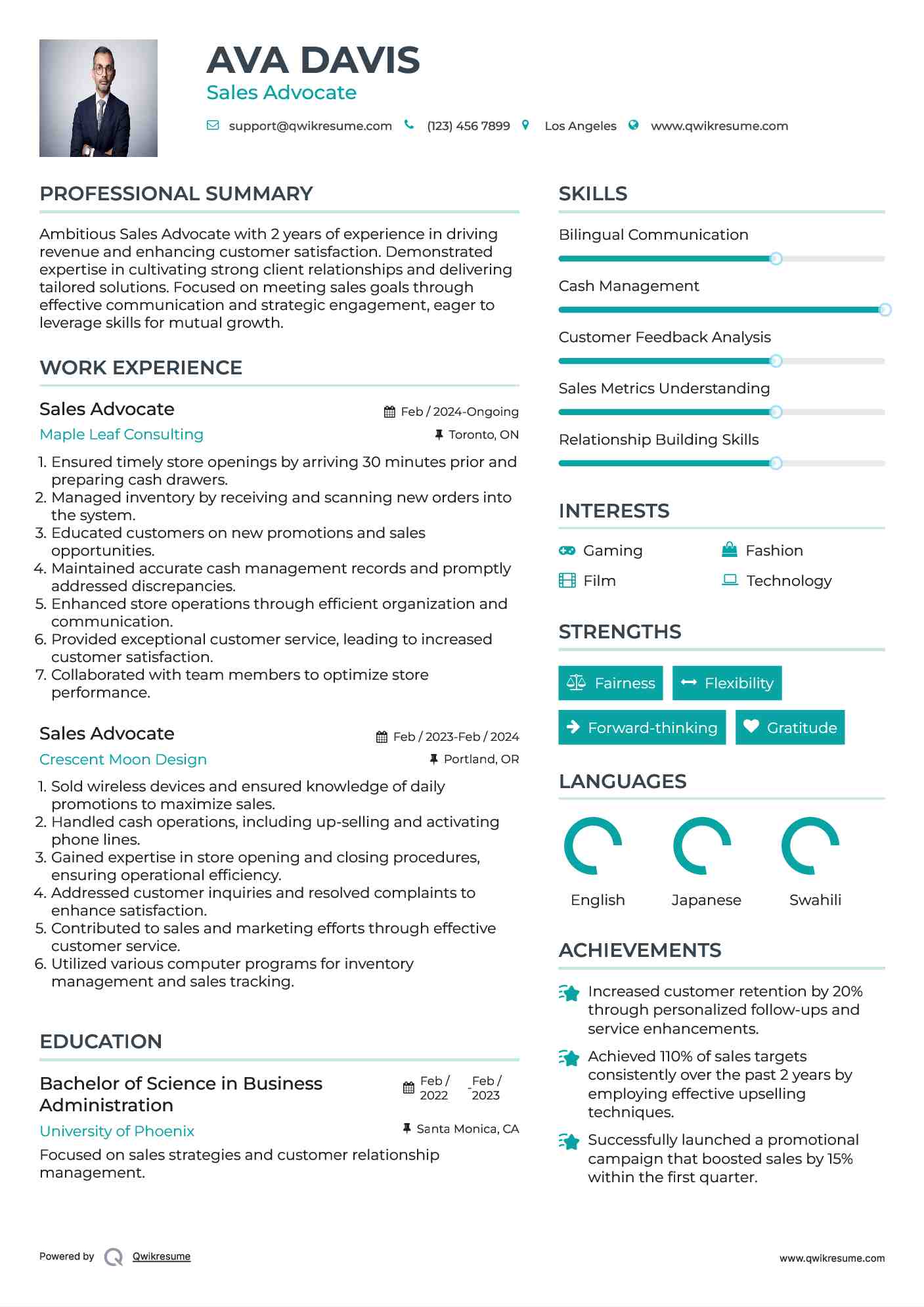 Sales Advocate Resume Sample