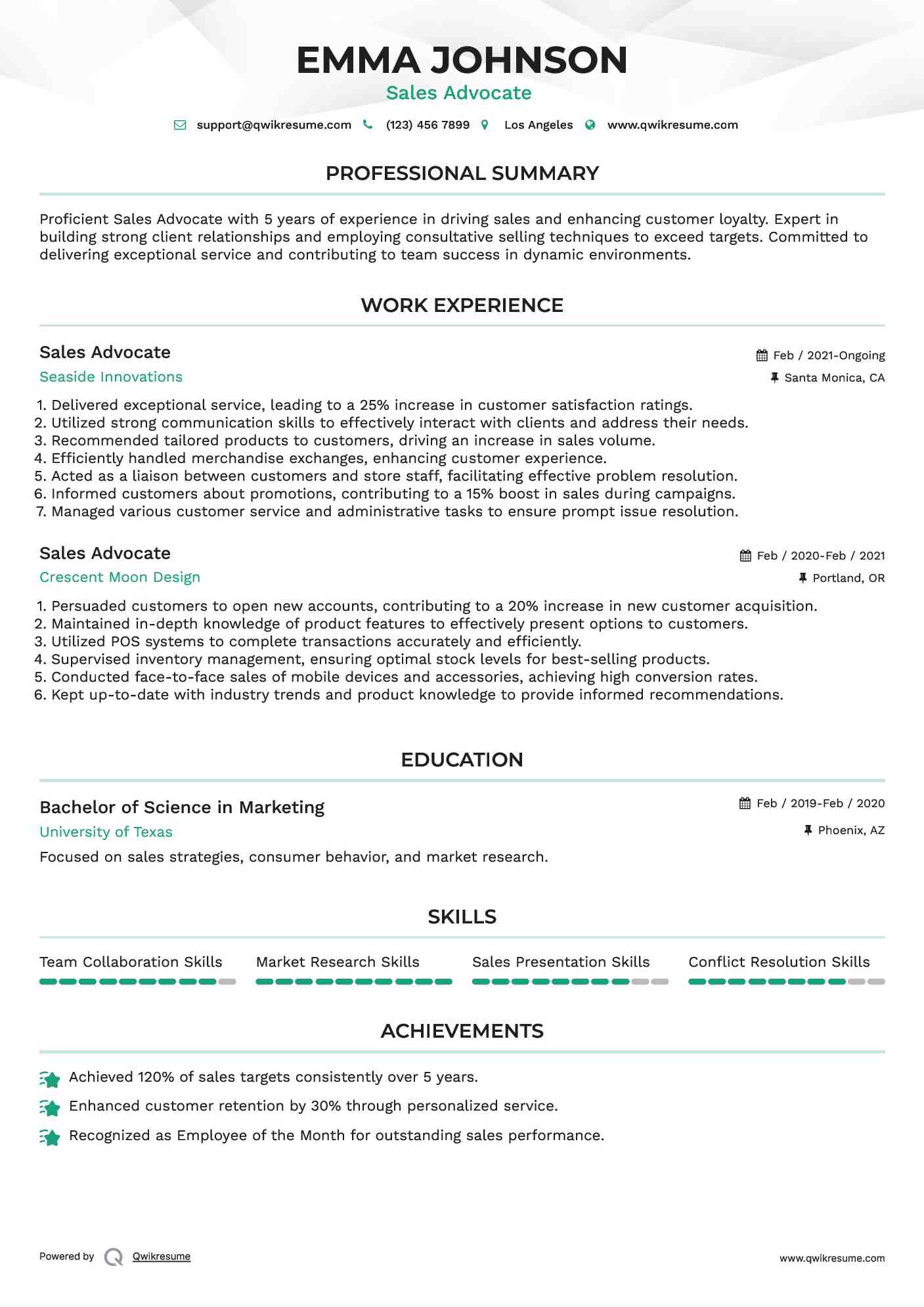 Sales Advocate  Resume Format