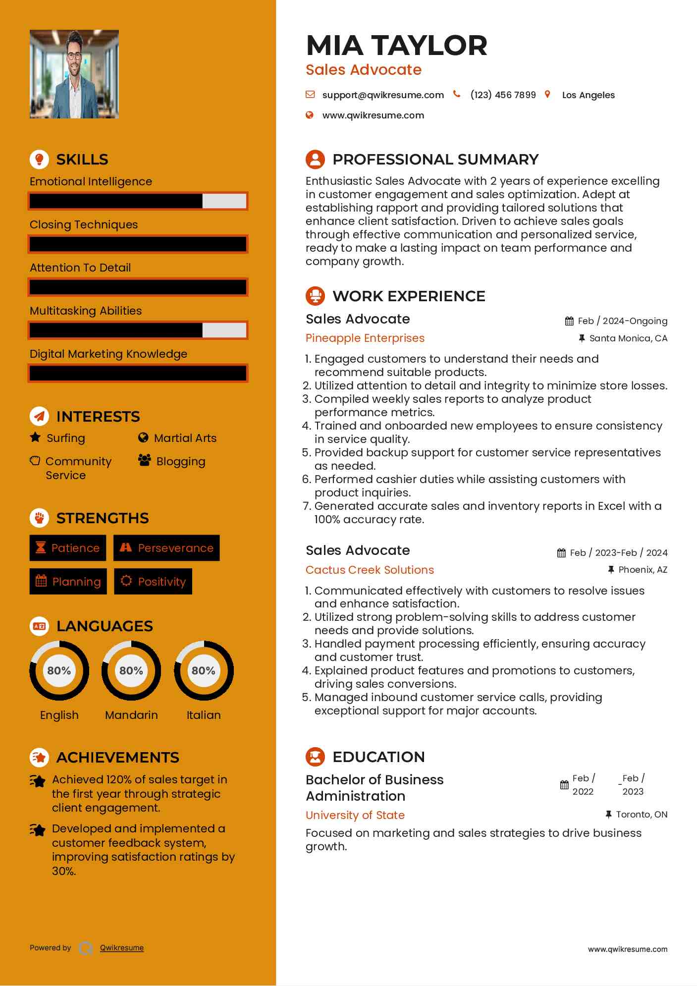 Sales Advocate Resume Template