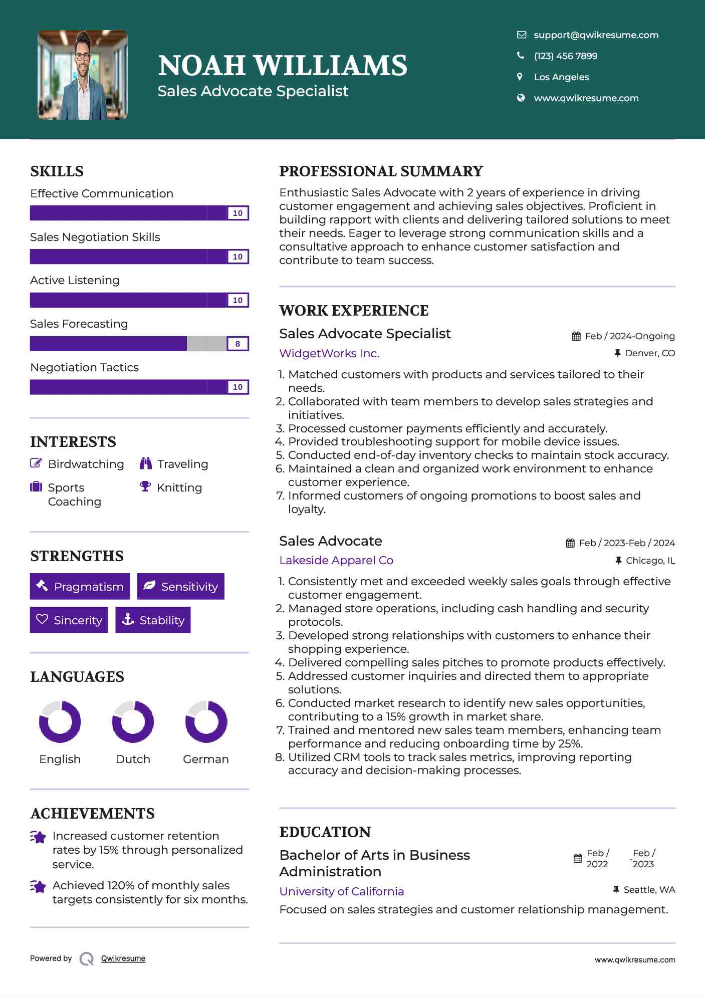 Sales Advocate Specialist Resume Template