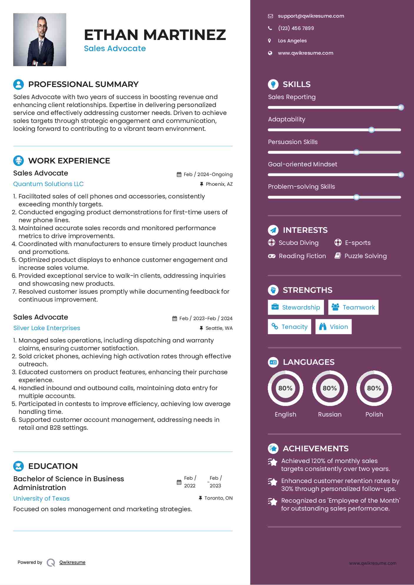 Sales Advocate Resume Template