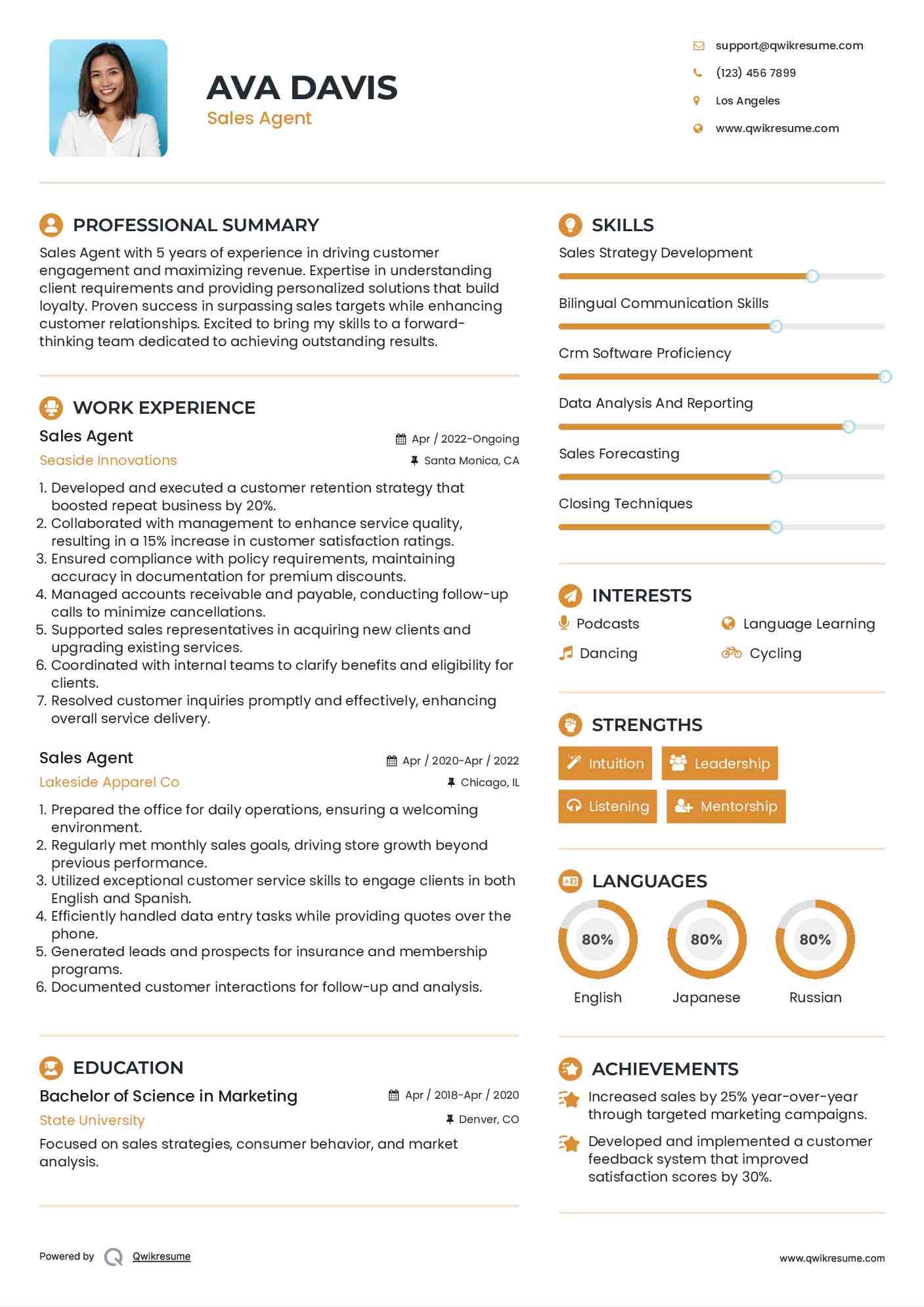 Sales Agent Resume Format