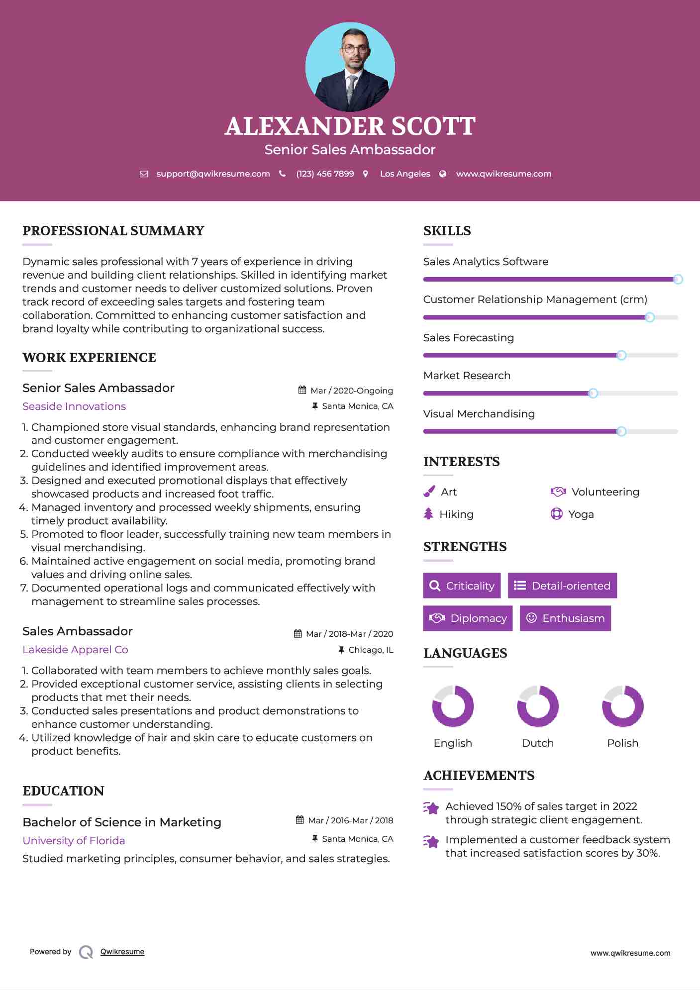 Senior Sales Ambassador Resume Model