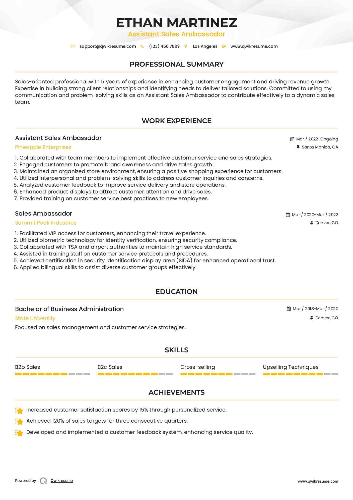 Assistant Sales Ambassador Resume Template