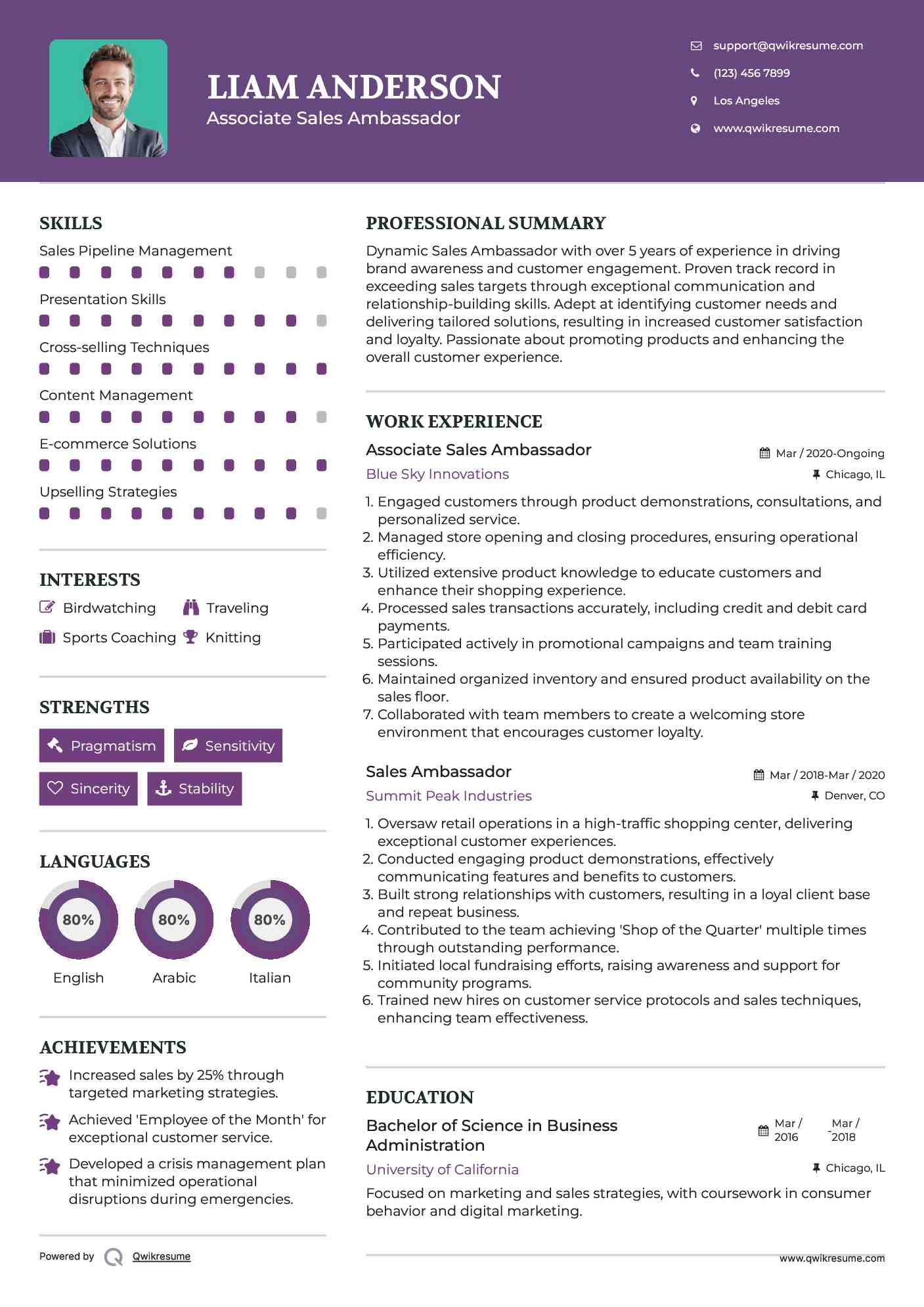 Associate Sales Ambassador Resume Sample