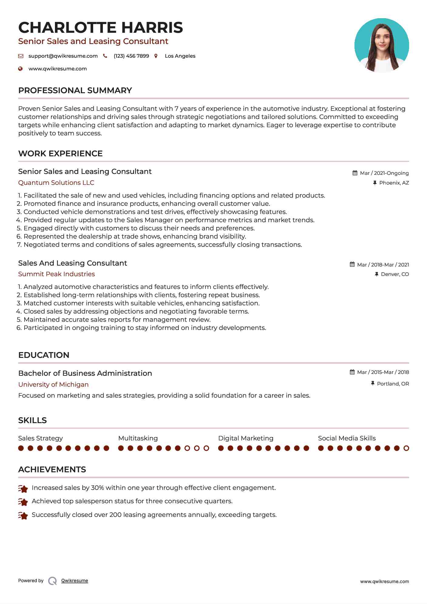 Senior Sales and Leasing Consultant  Resume Template