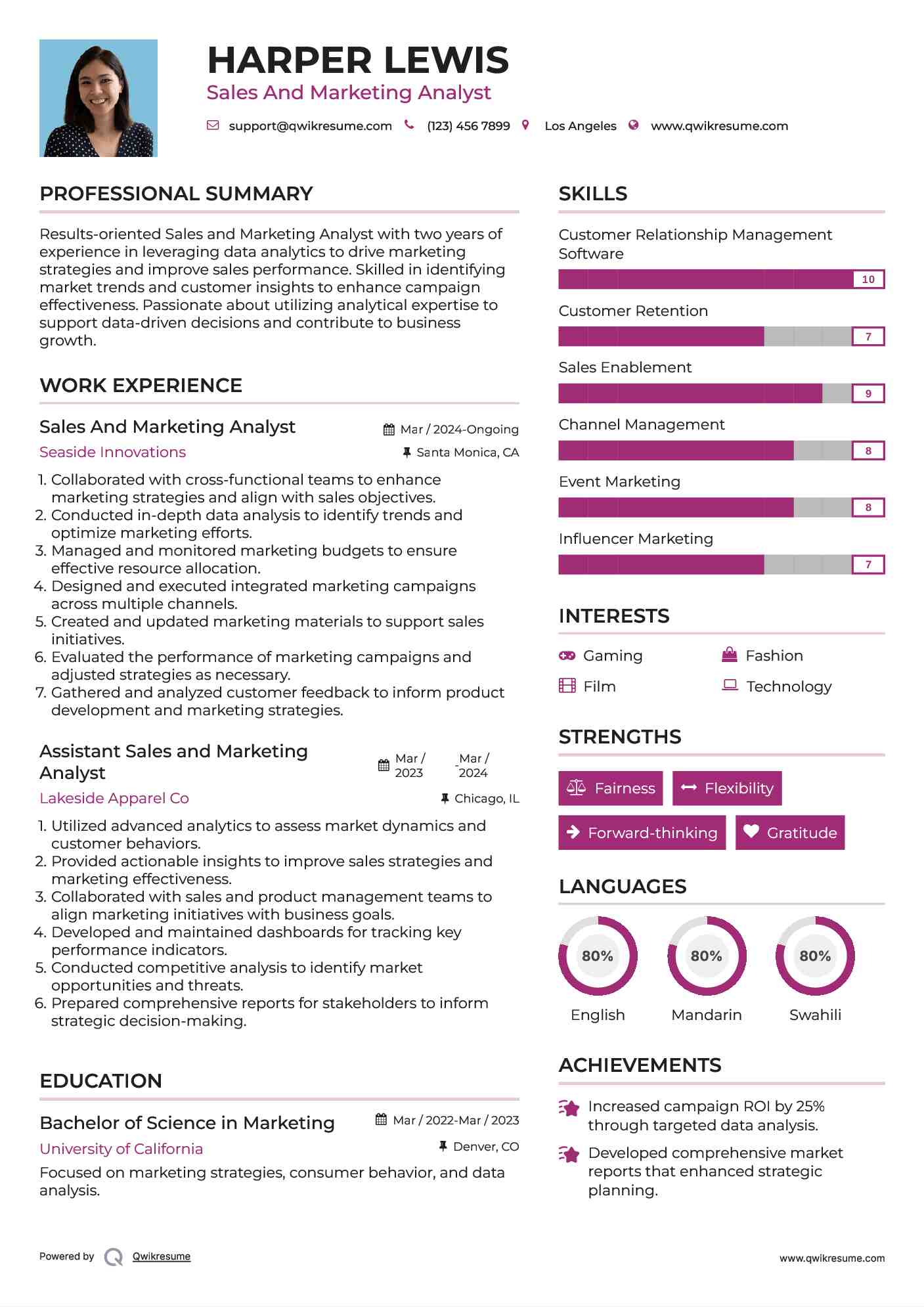 Sales And Marketing Analyst Resume Format