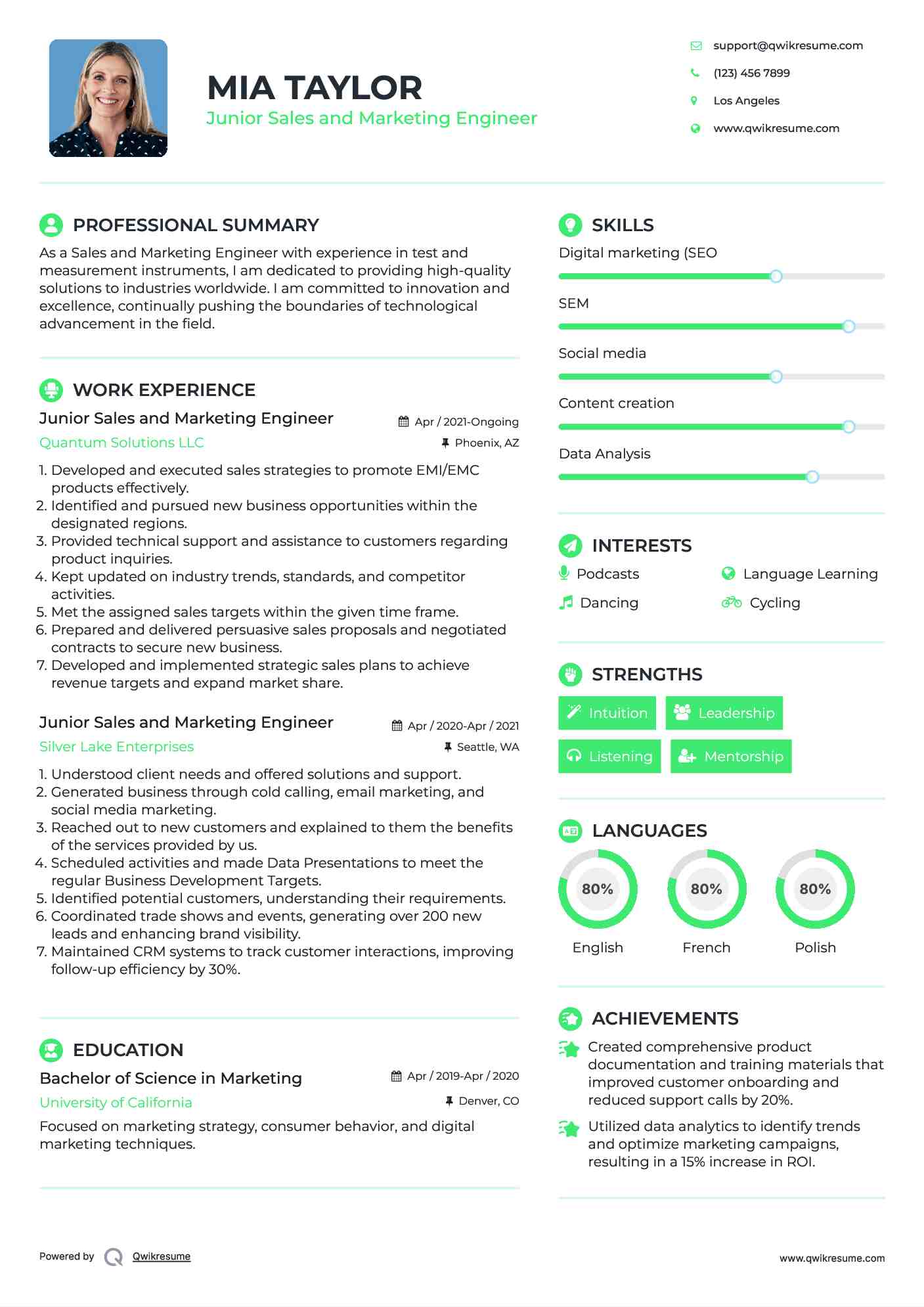 Junior Sales and Marketing Engineer Resume Format