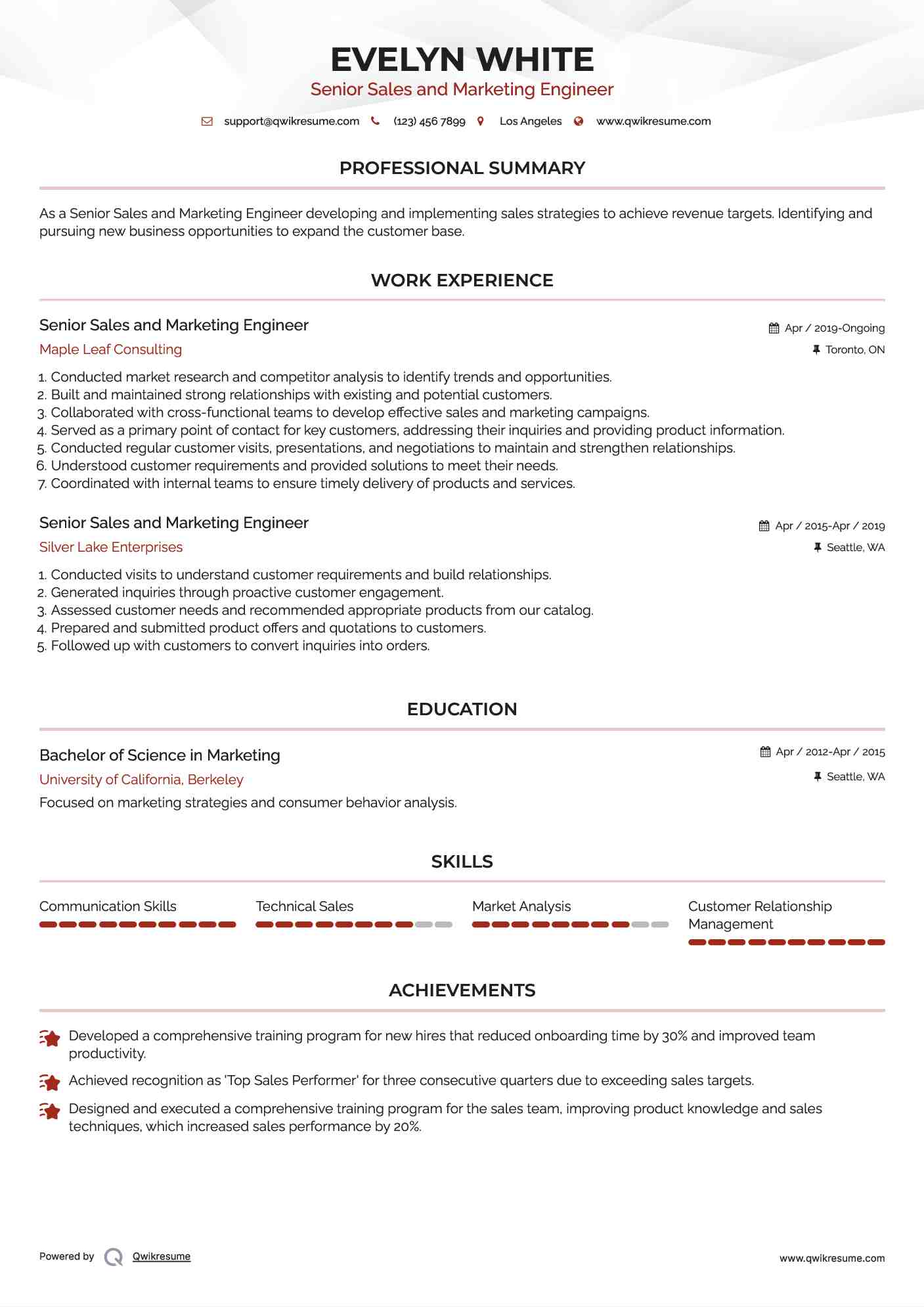Senior Sales and Marketing Engineer  Resume Sample