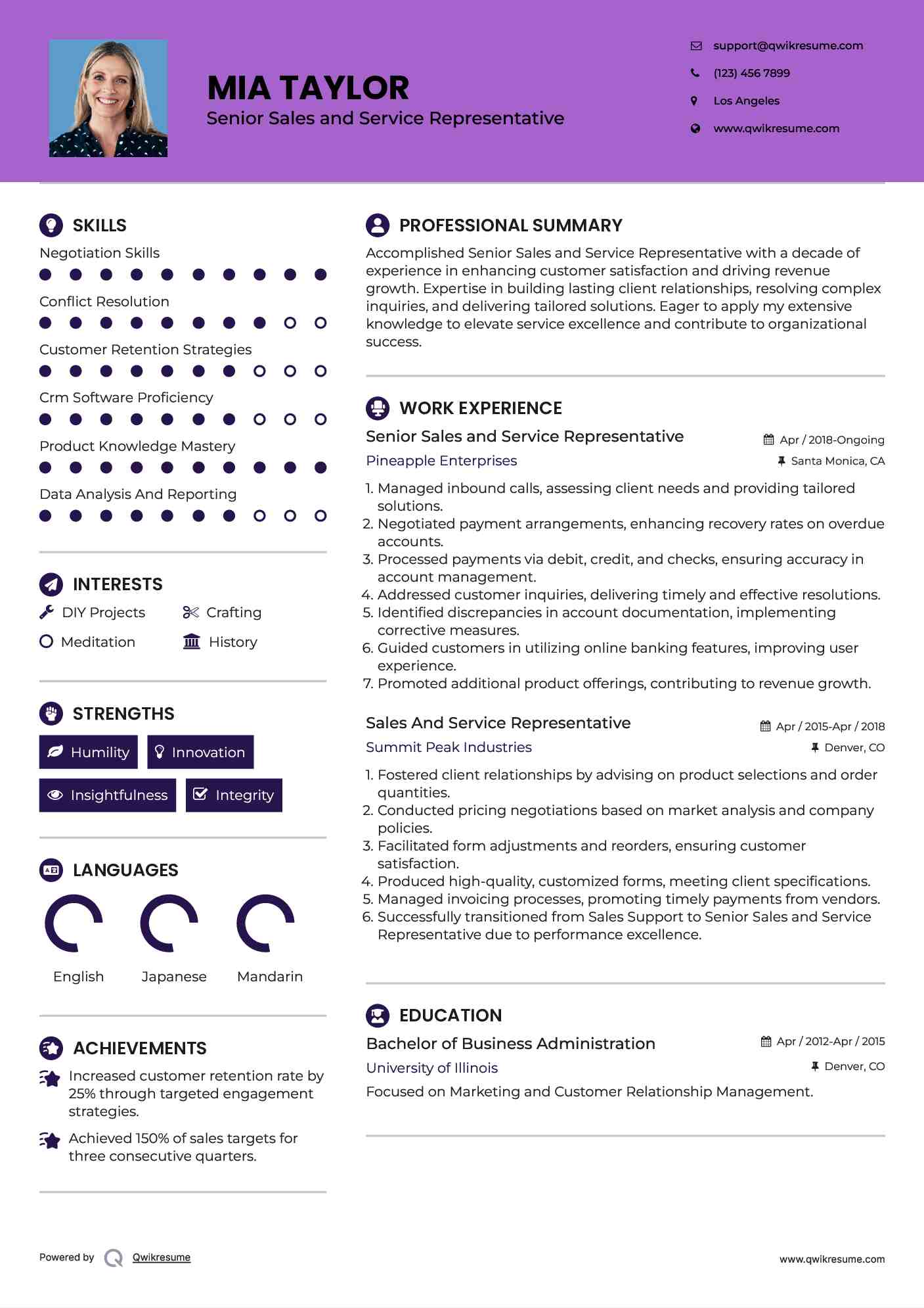 Senior Sales and Service Representative  Resume Format