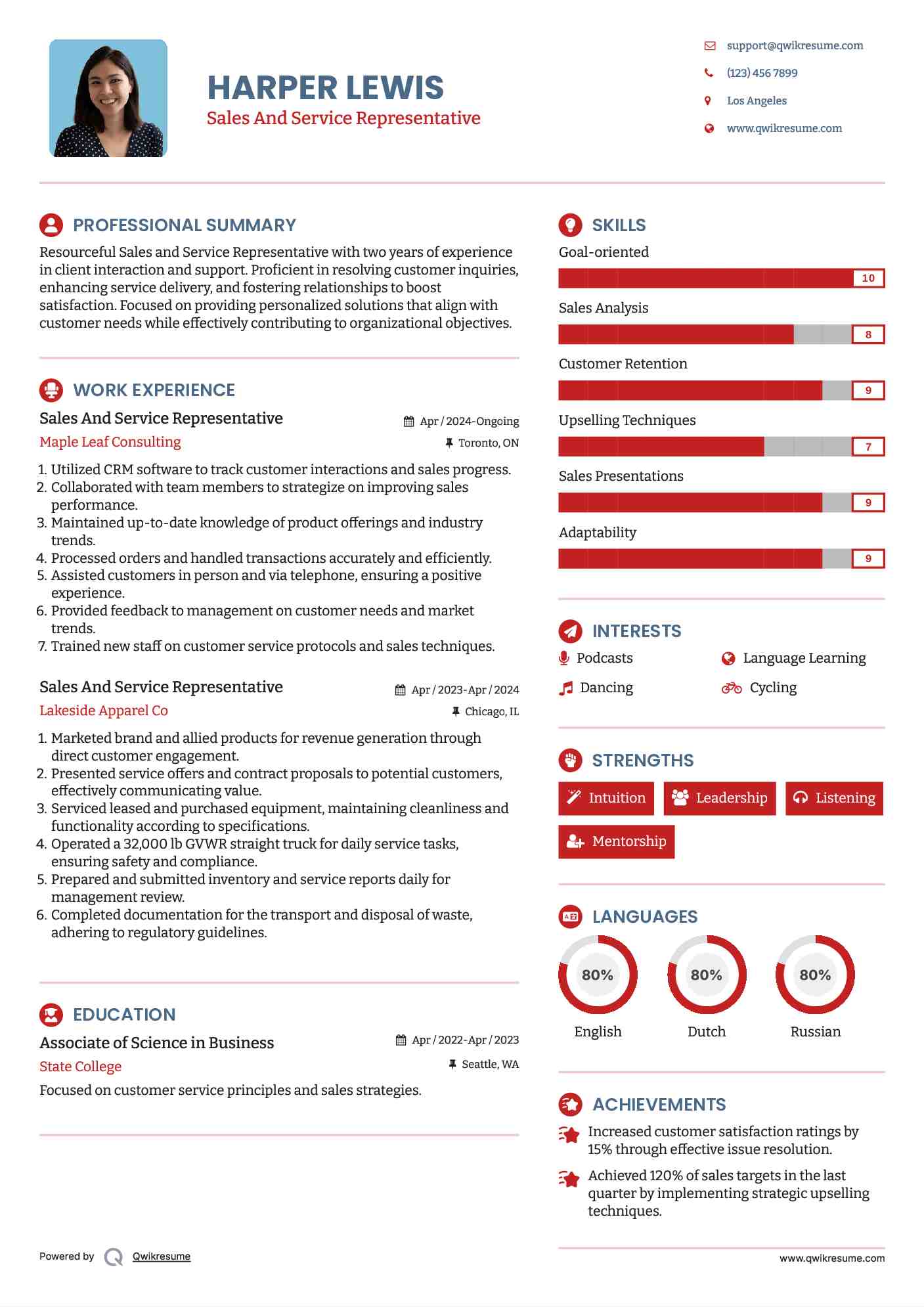 Sales And Service Representative Resume Model