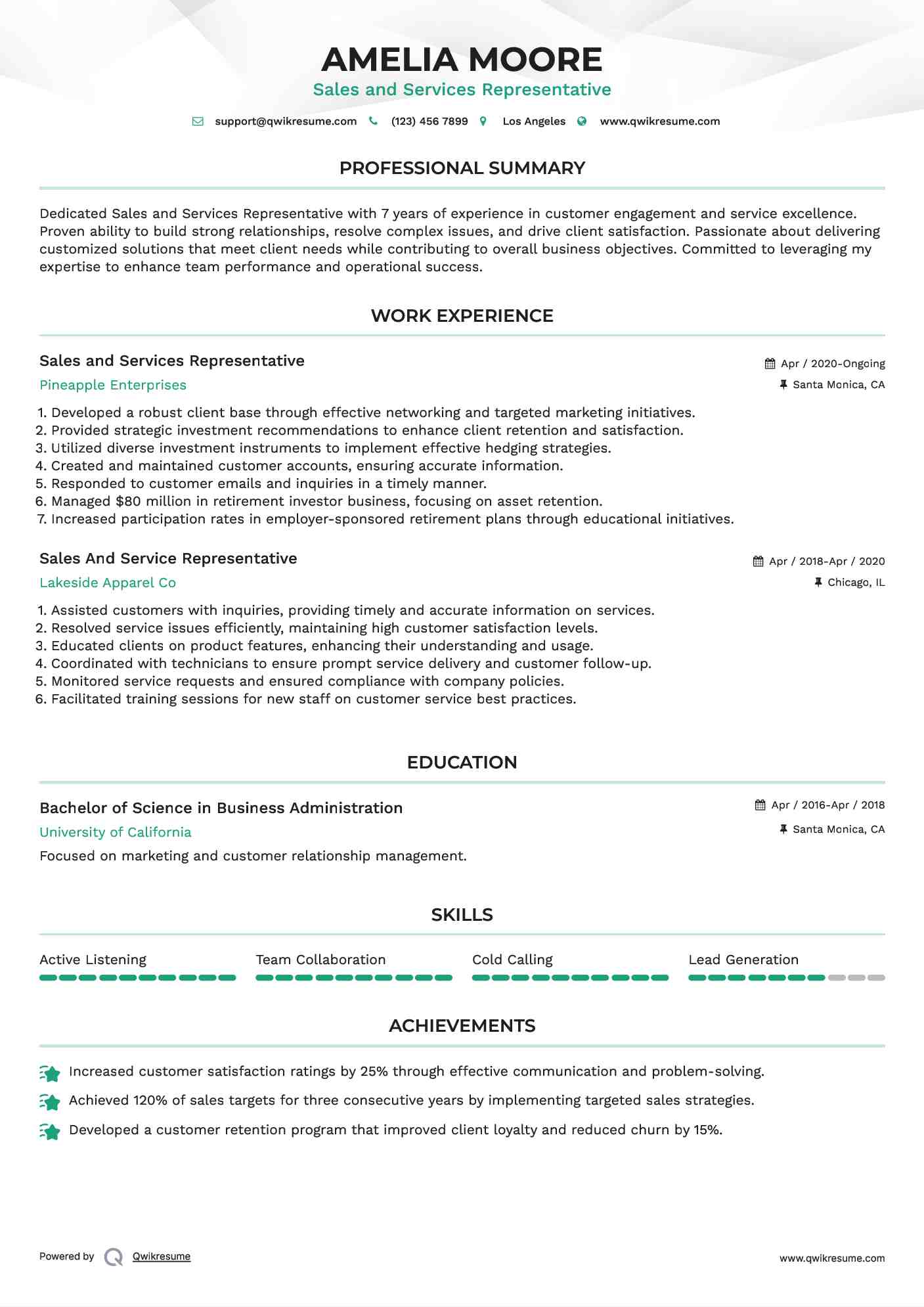 Sales and Services Representative  Resume Template