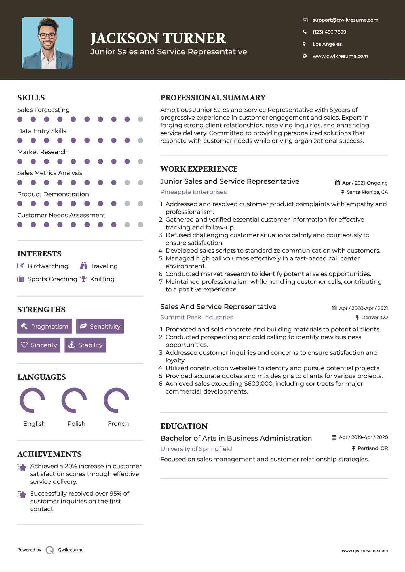 Junior Sales and Service Representative  Resume Template