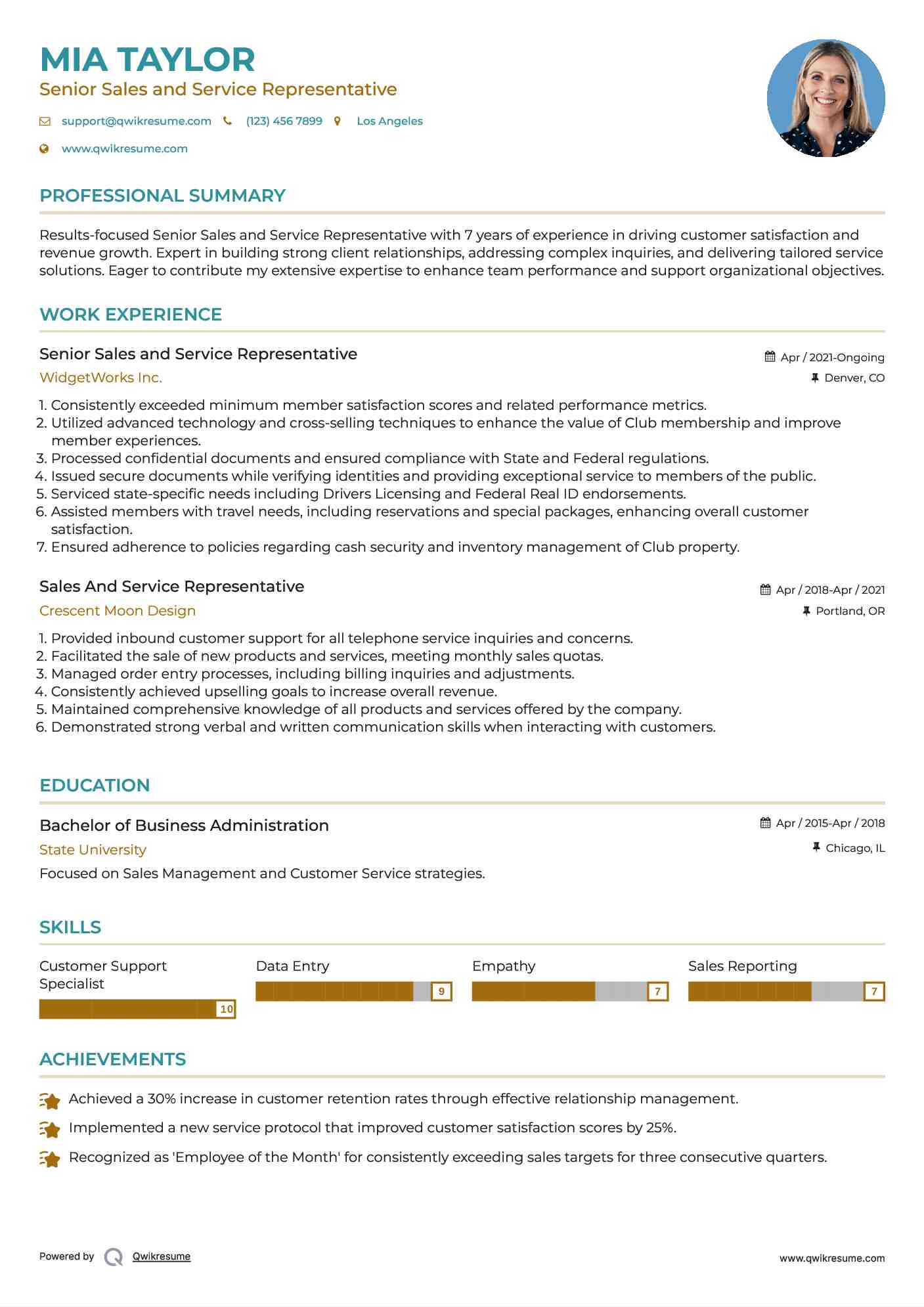 Senior Sales and Service Representative  Resume Model