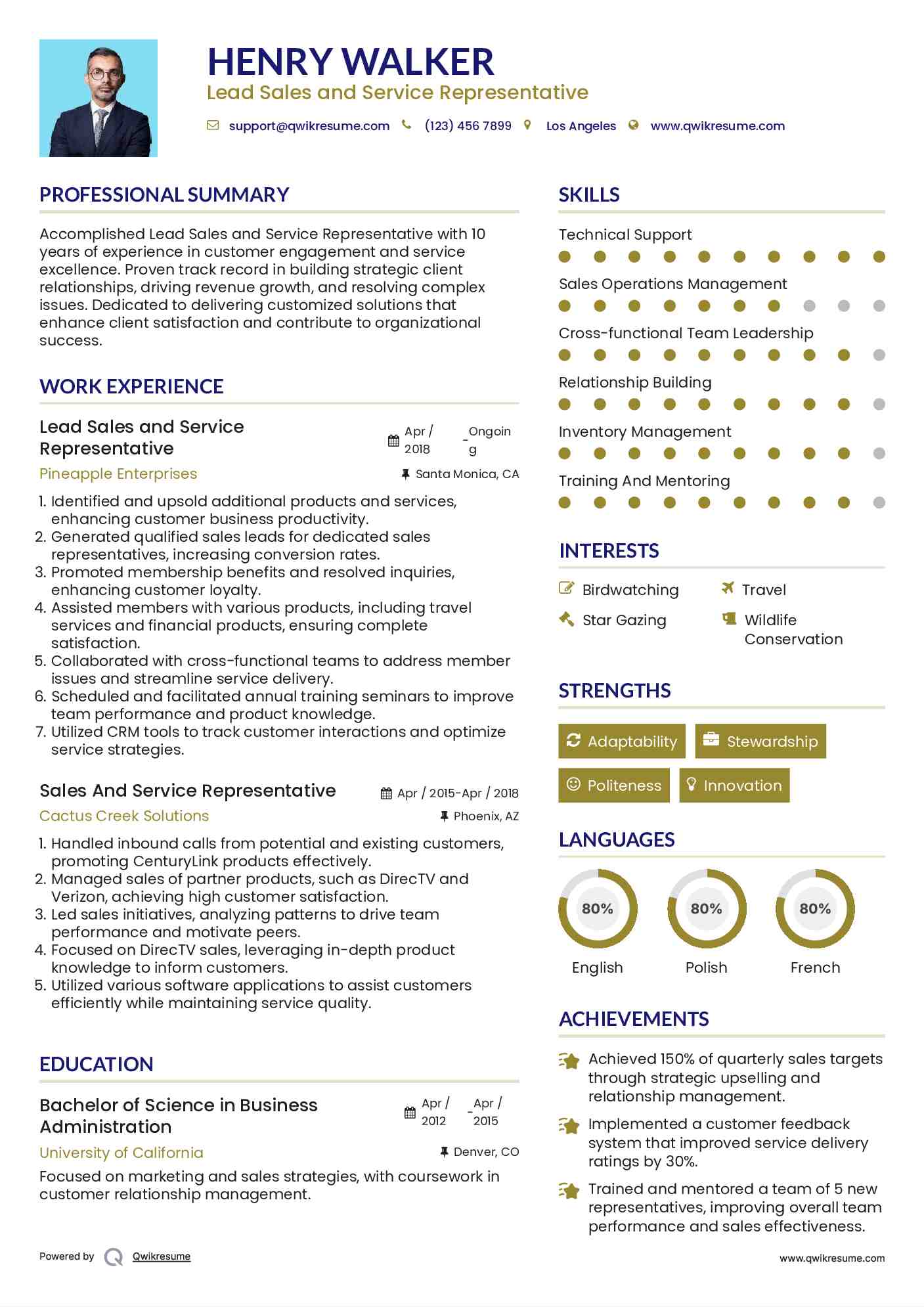 Lead Sales and Service Representative  Resume Template