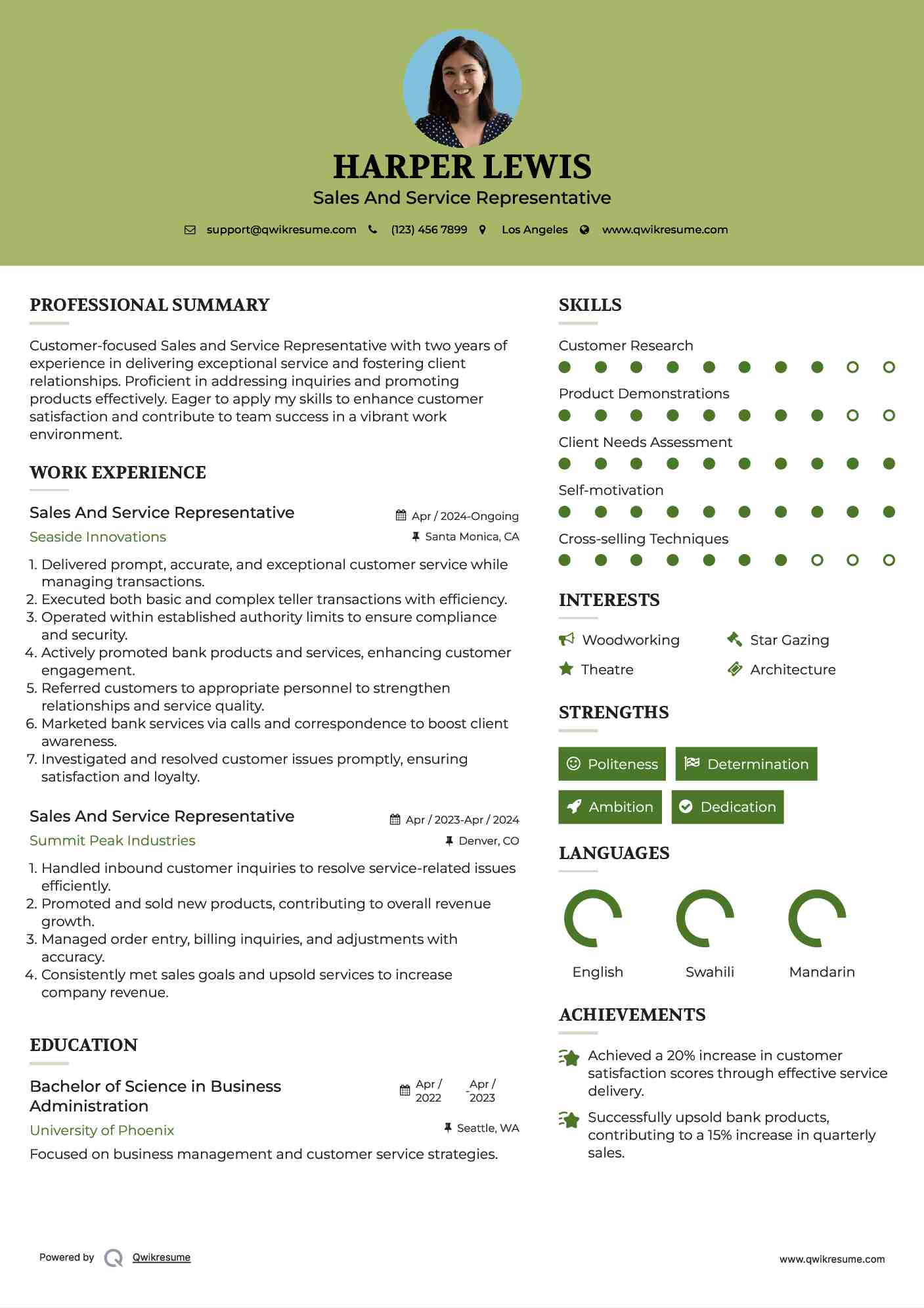 Sales And Service Representative Resume Example