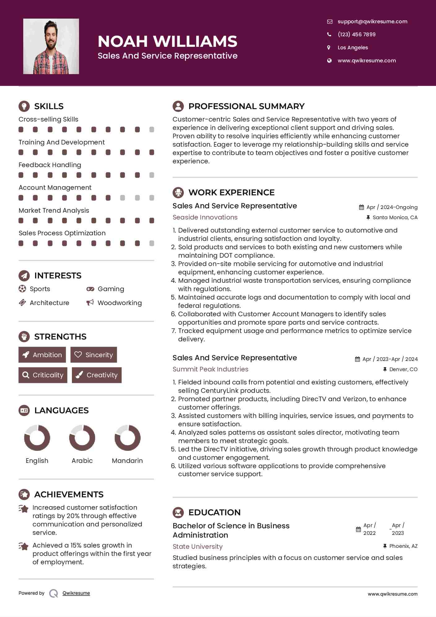 Sales And Service Representative Resume Sample