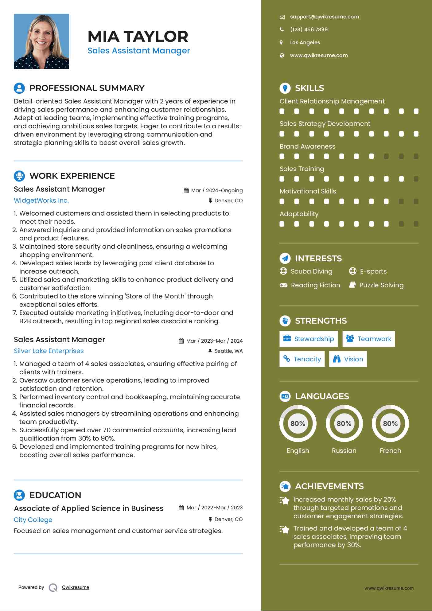 Sales Assistant Manager Resume Example