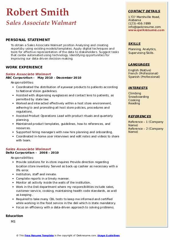 Sales Associate Walmart Resume Samples QwikResume