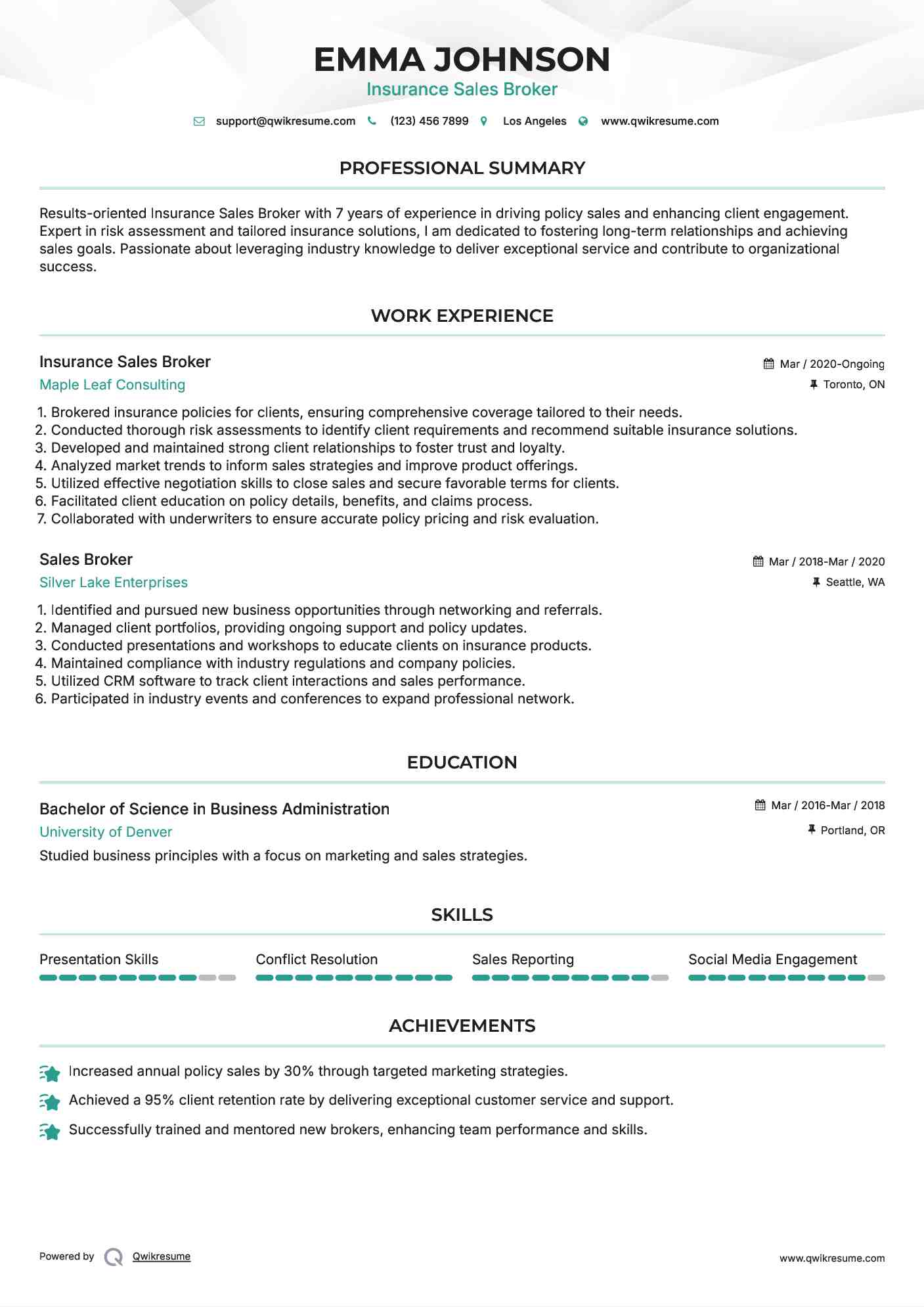 Insurance Sales Broker Resume Template