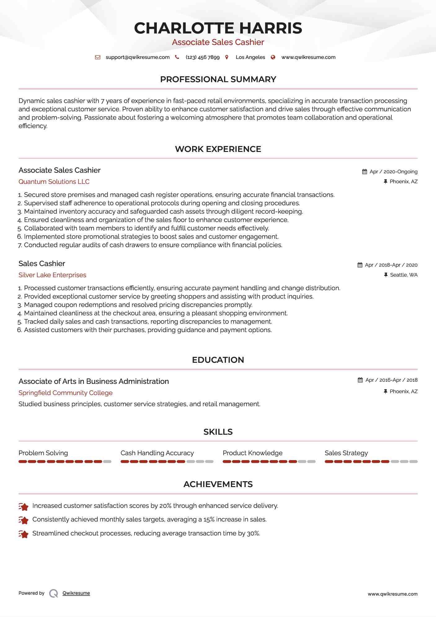 Associate Sales Cashier
 Resume Model