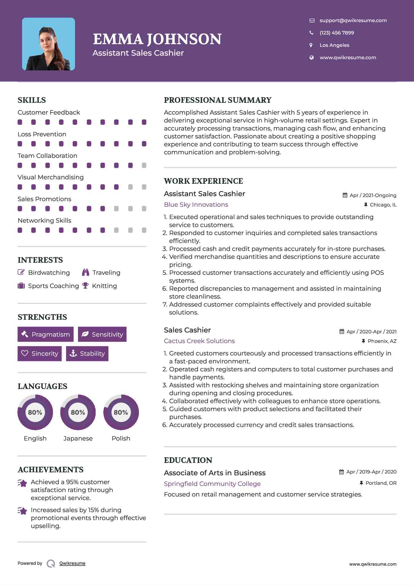 Assistant Sales Cashier
 Resume Example