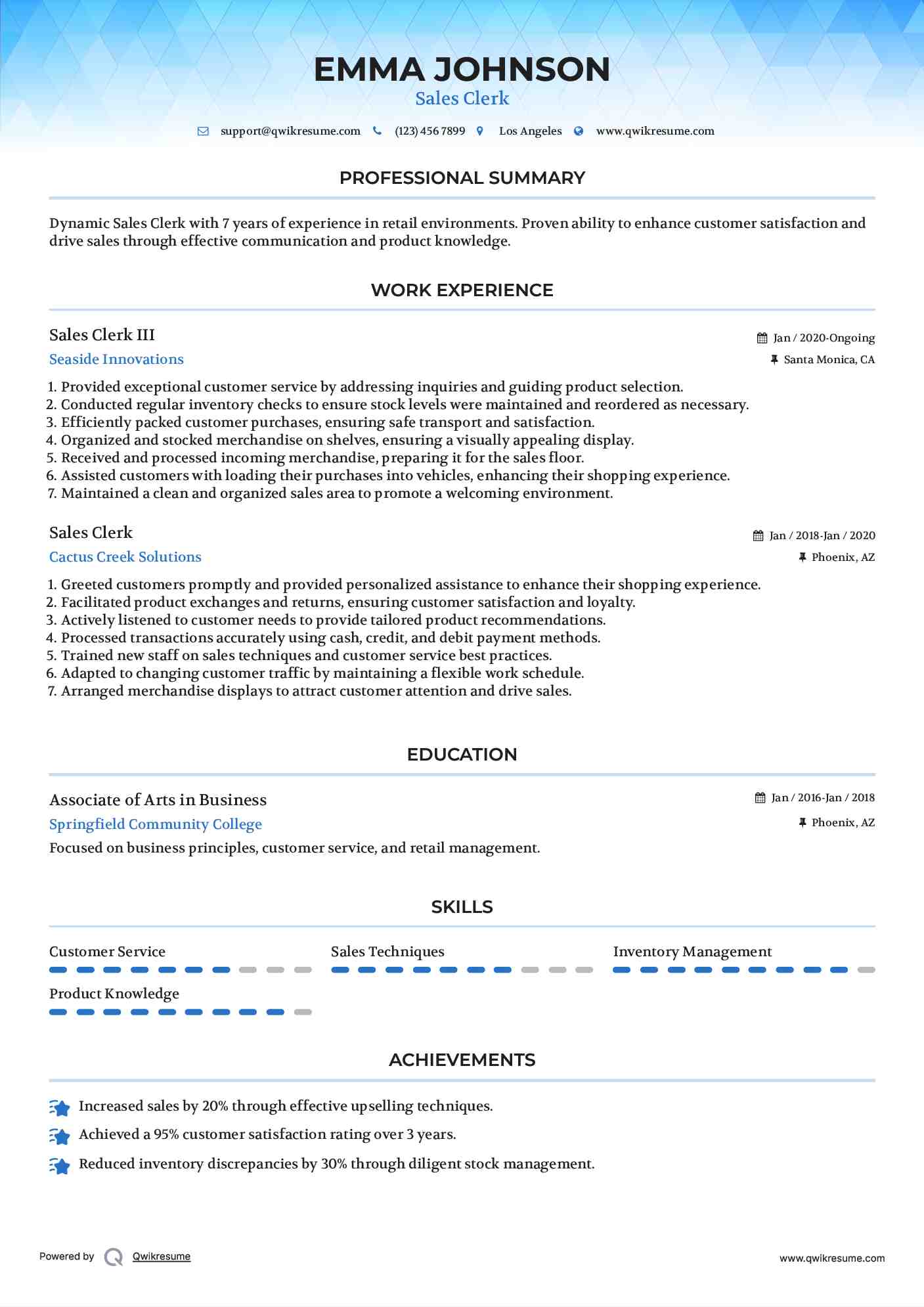 Sales Clerk III Resume Example