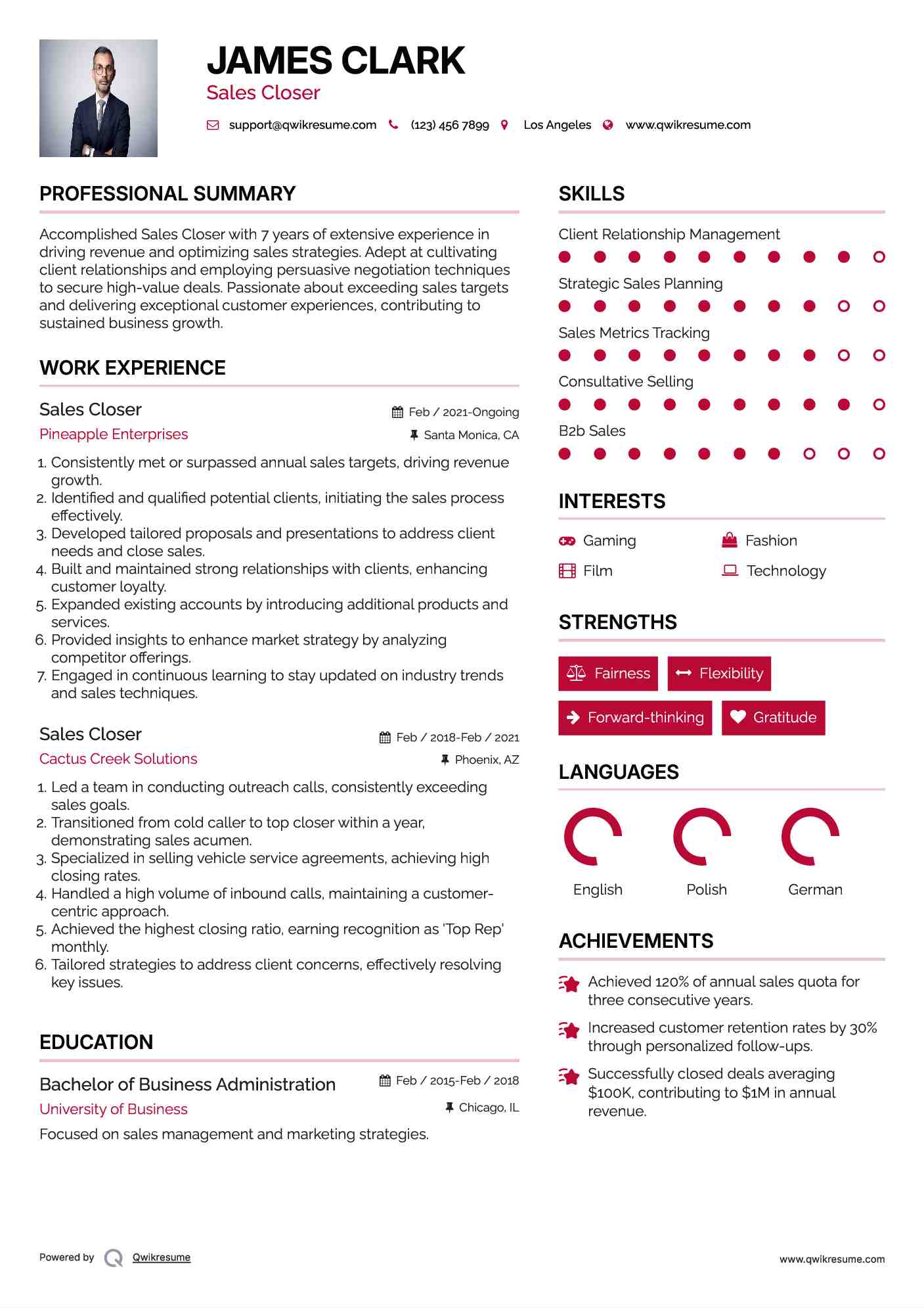 Sales Closer Resume Example