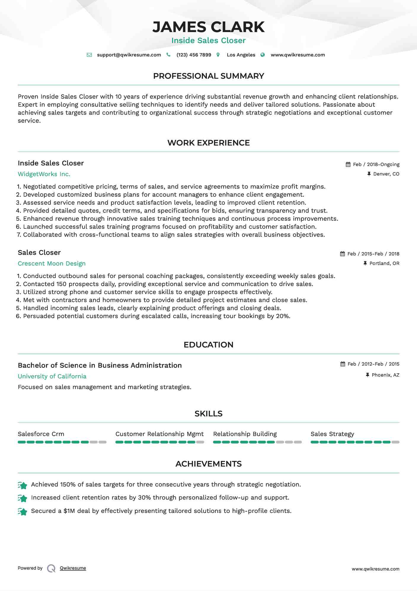 Inside Sales Closer
 Resume Template