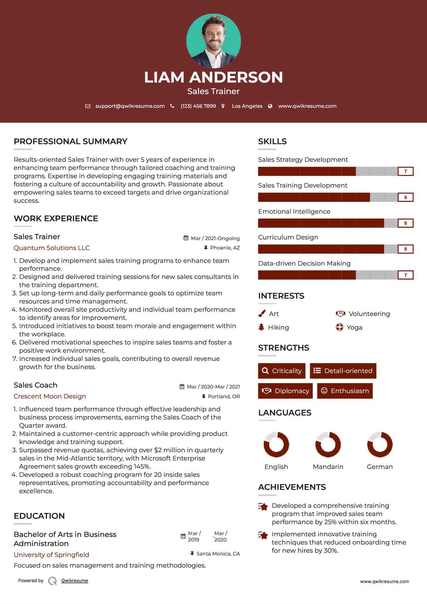 Sales Trainer Resume Example