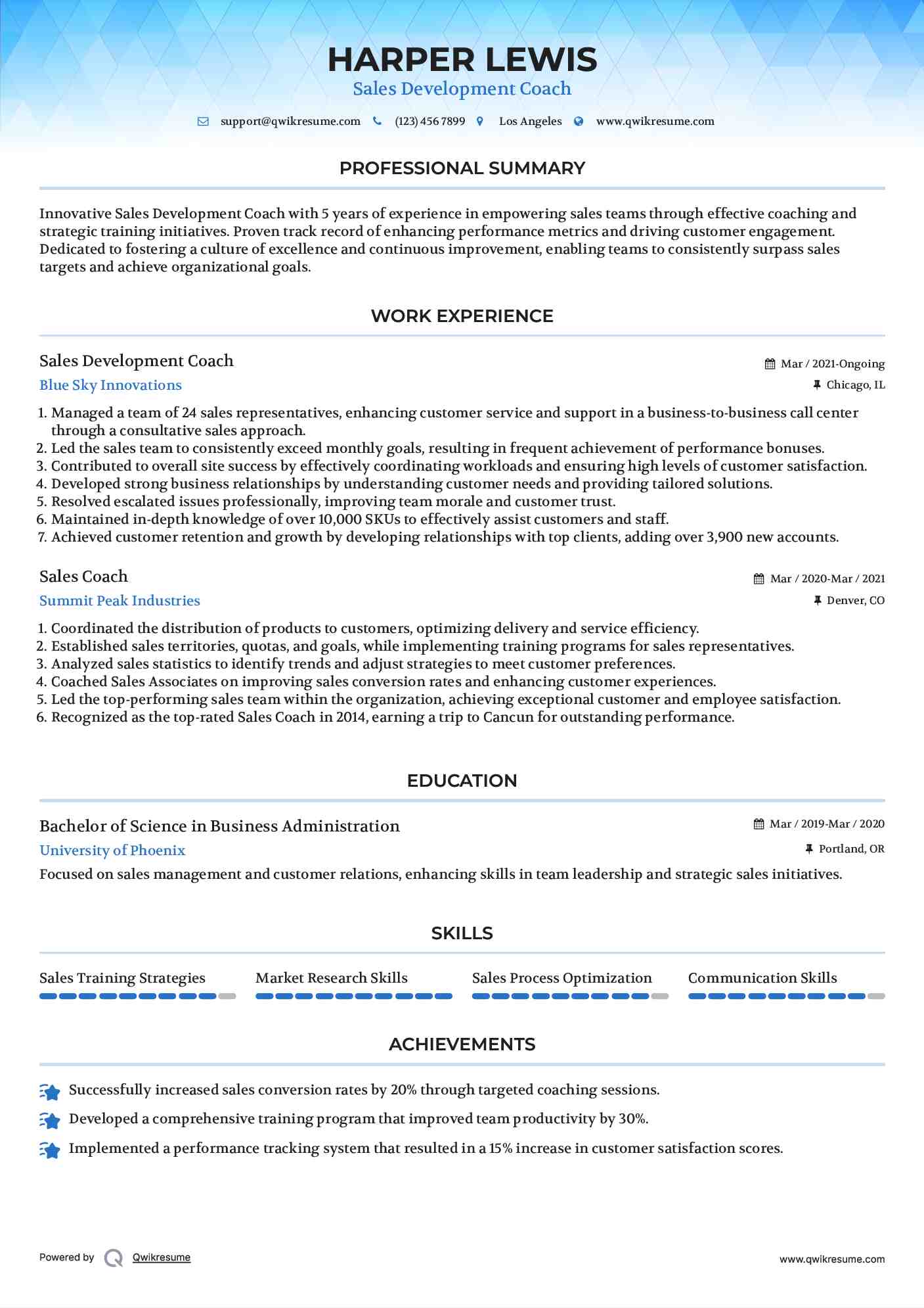 Sales Development Coach Resume Format