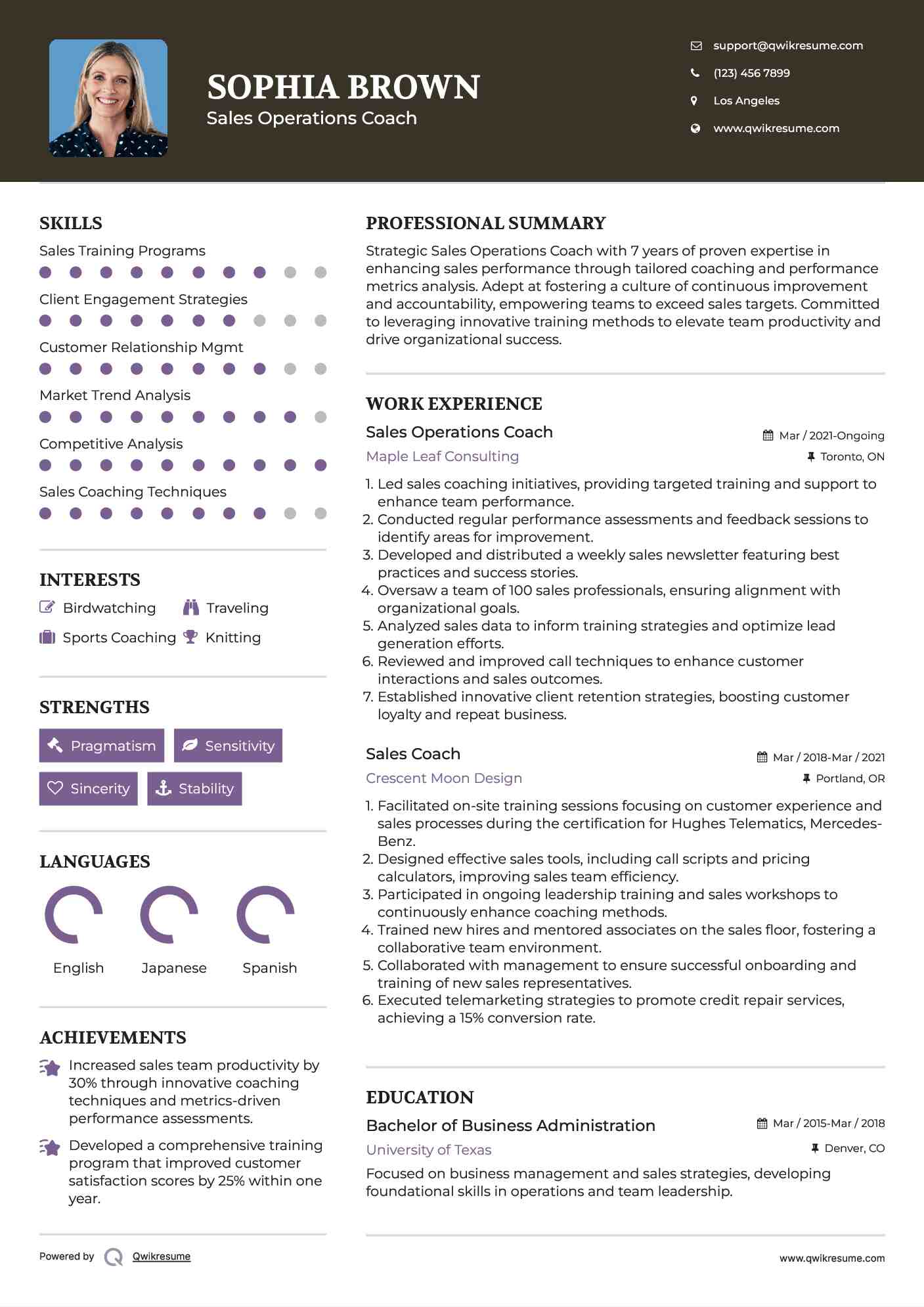 Sales Operations Coach Resume Example
