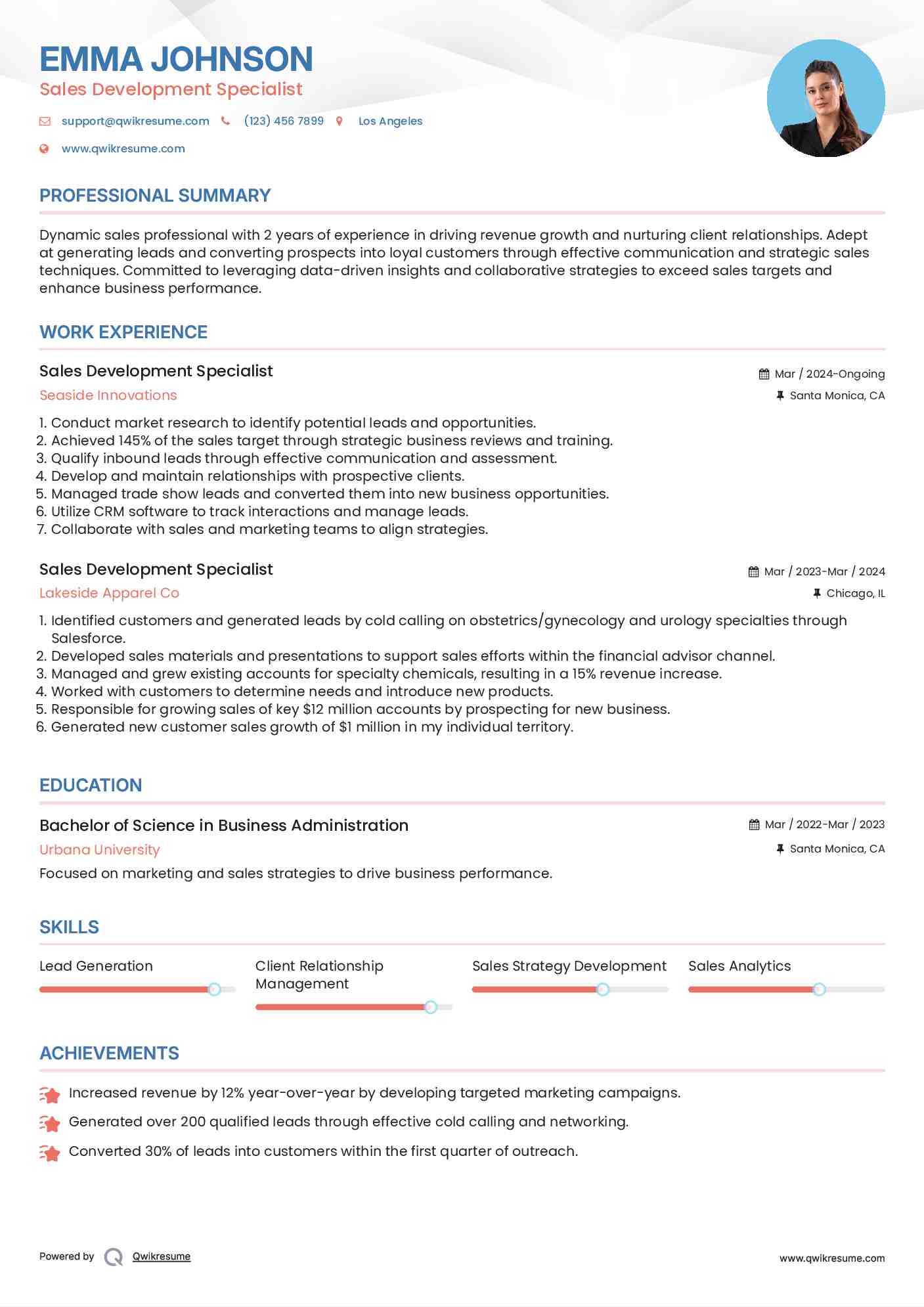 Sales Development Specialist Resume Sample