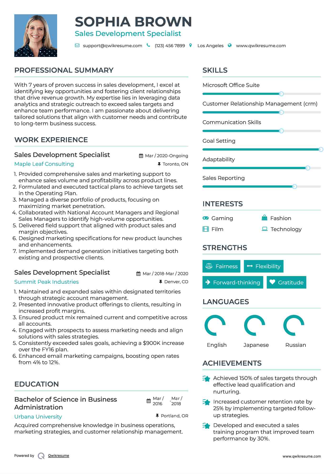 Sales Development Specialist Resume Example
